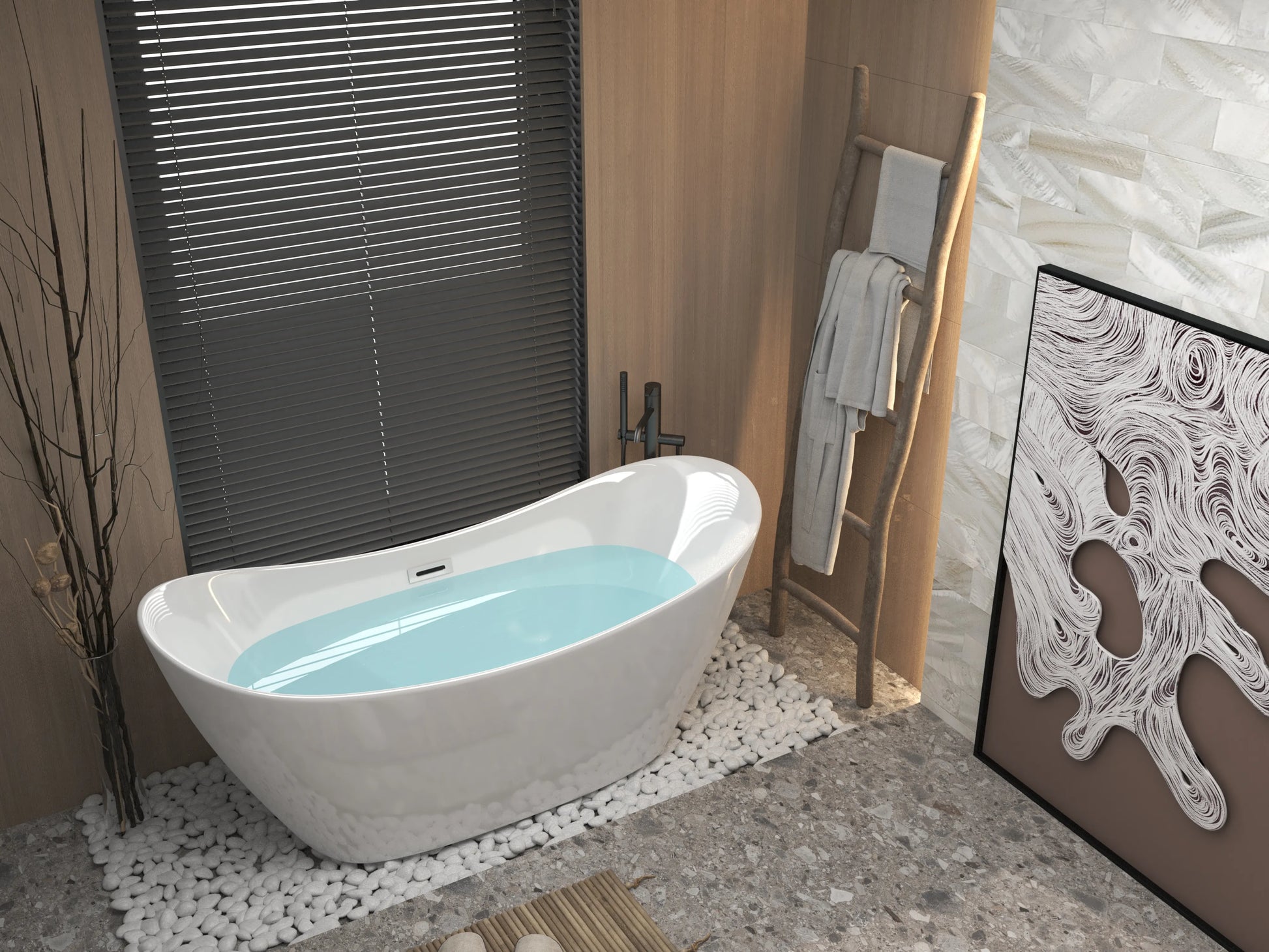 59" Gloss White Acrylic Double-Slipper Freestanding Bathtub with Chrome Overflow and Pop-Up Drain
