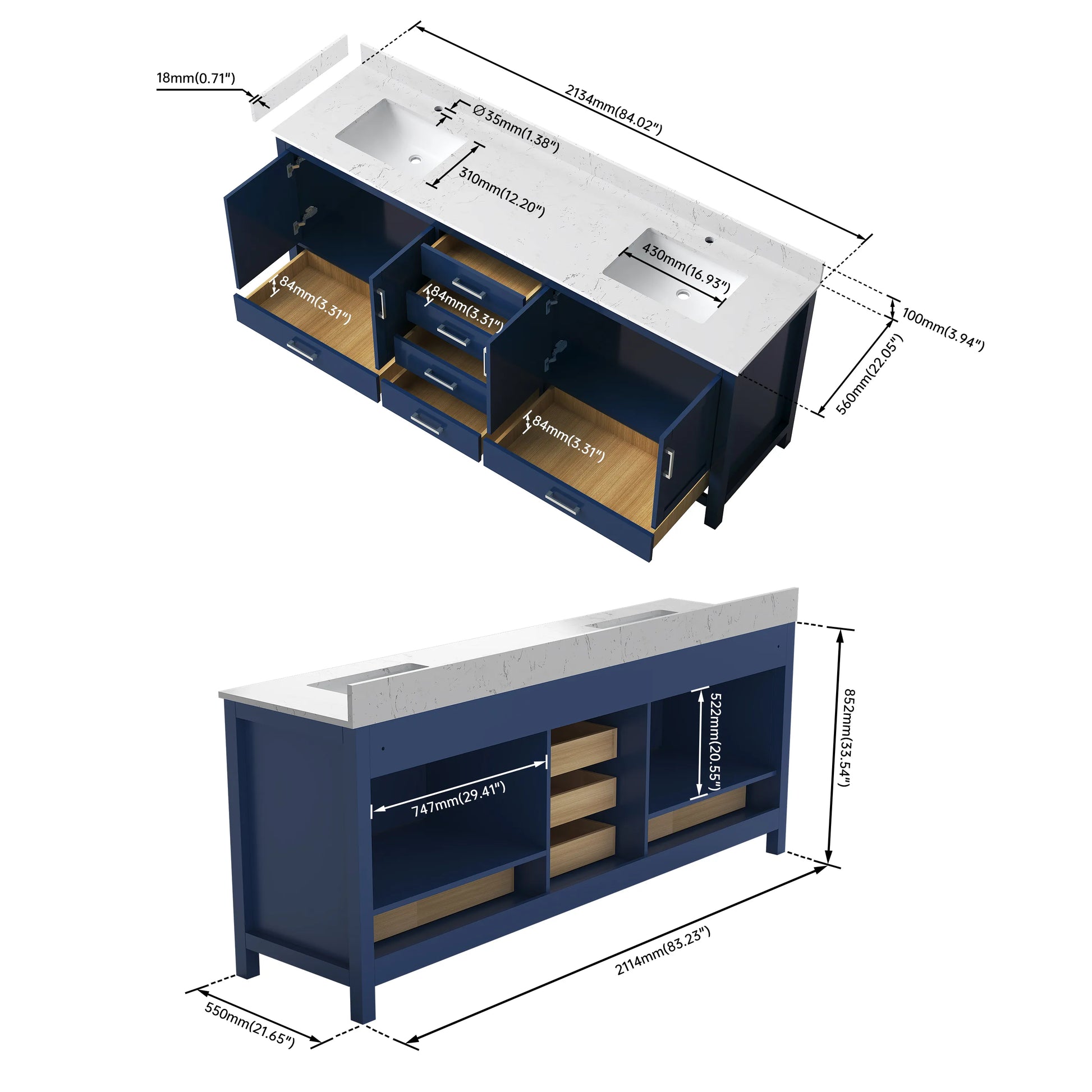 60"/84" Navy Blue Double Sink Bathroom Vanity with White Marble-Pattern Top