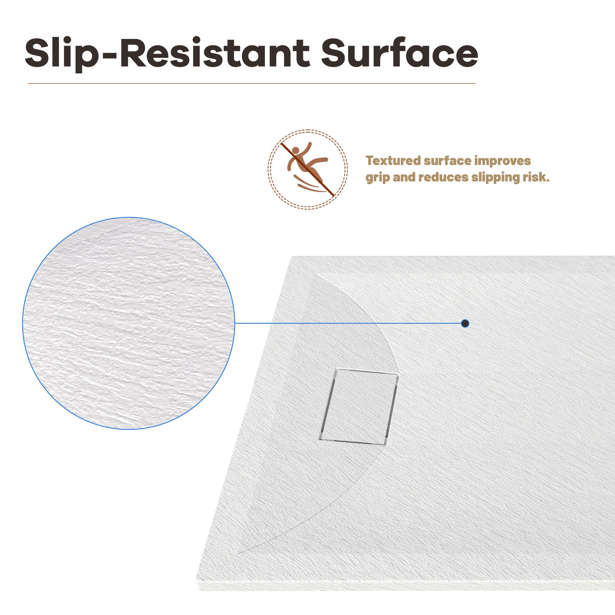 60"x32"/36" Curbless SMC Shower Base with Flamed Rock Slip-Resistant Surface, Reversible Drain