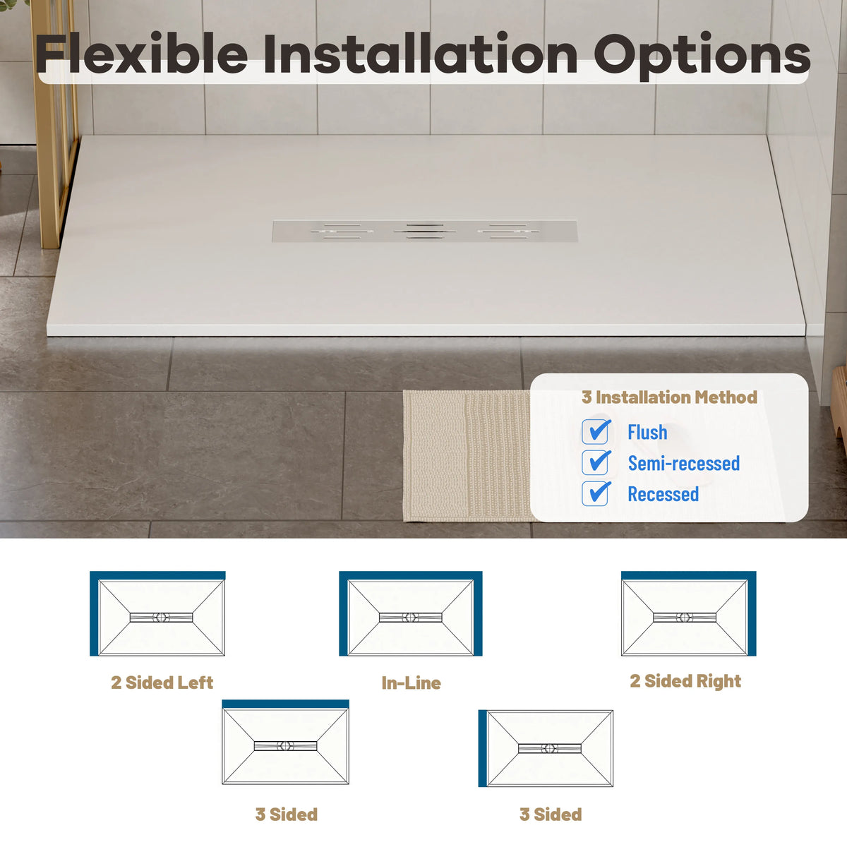 60"x36" White/Calacatta Curbless SMC Shower Base with Flamed Rock Slip-Resistant Surface, Center Drain