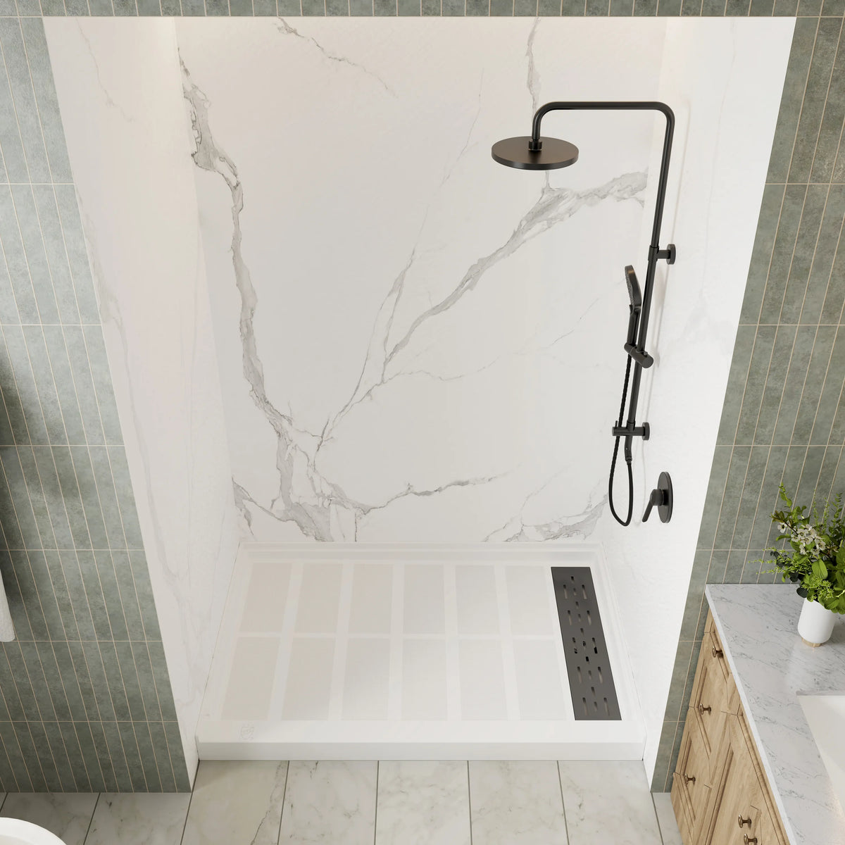 60"x36"x75"/96" Matte White with Marble Texture SMC Shower Wall Panel Kit