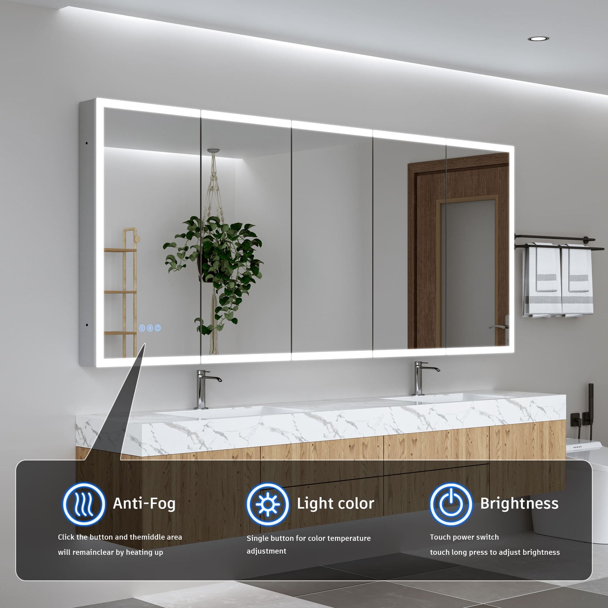84" x 36" Aluminum Medicine Cabinet with LED Mirror, Anti-Fog, 3 Color Temperatures