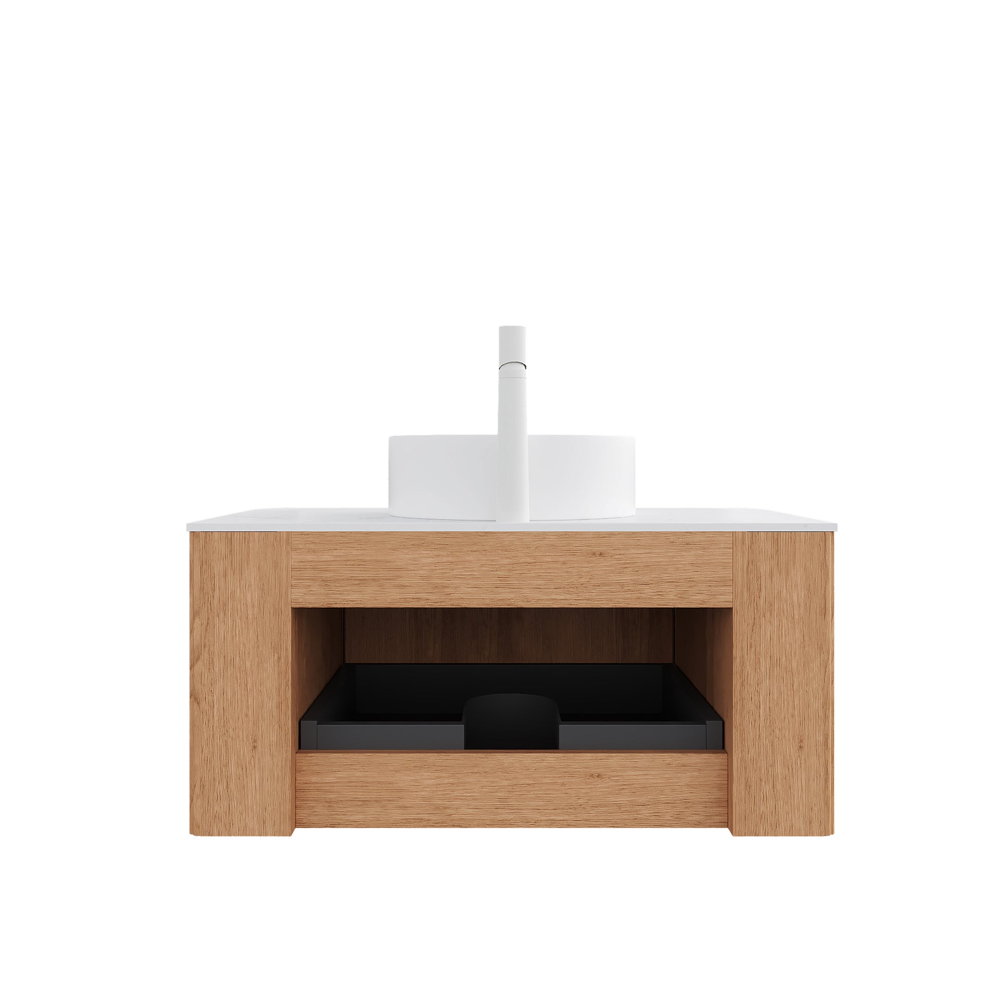 Floating Bathroom Vanity with Curved Edges, Fluted Drawer Fronts, Carrara Sintered Stone Top and Round Ceramic Vessel Sink, Natural Woodgrain / Dark Walnut