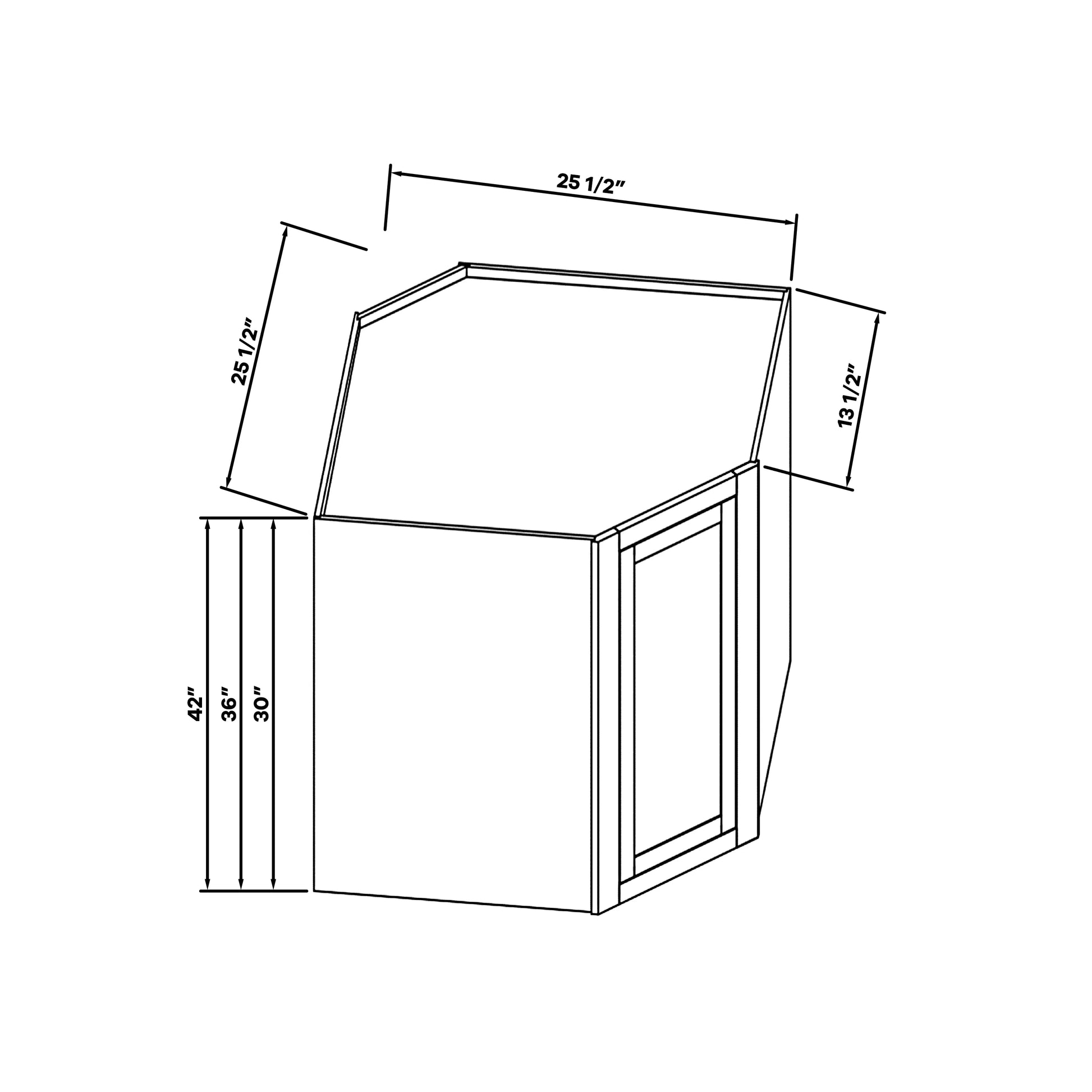 Inset Origami White RTA 25.5"W x 18-42"H x 13.5"D 4-Size Diagonal Corner Wall Cabinet with 2-3 Shelves