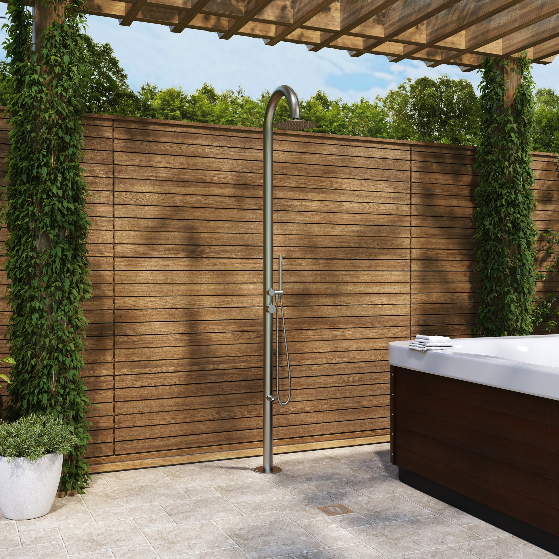 10” Modern Outdoor Shower System with Rainfall Shower, Handheld & Foot Wash
