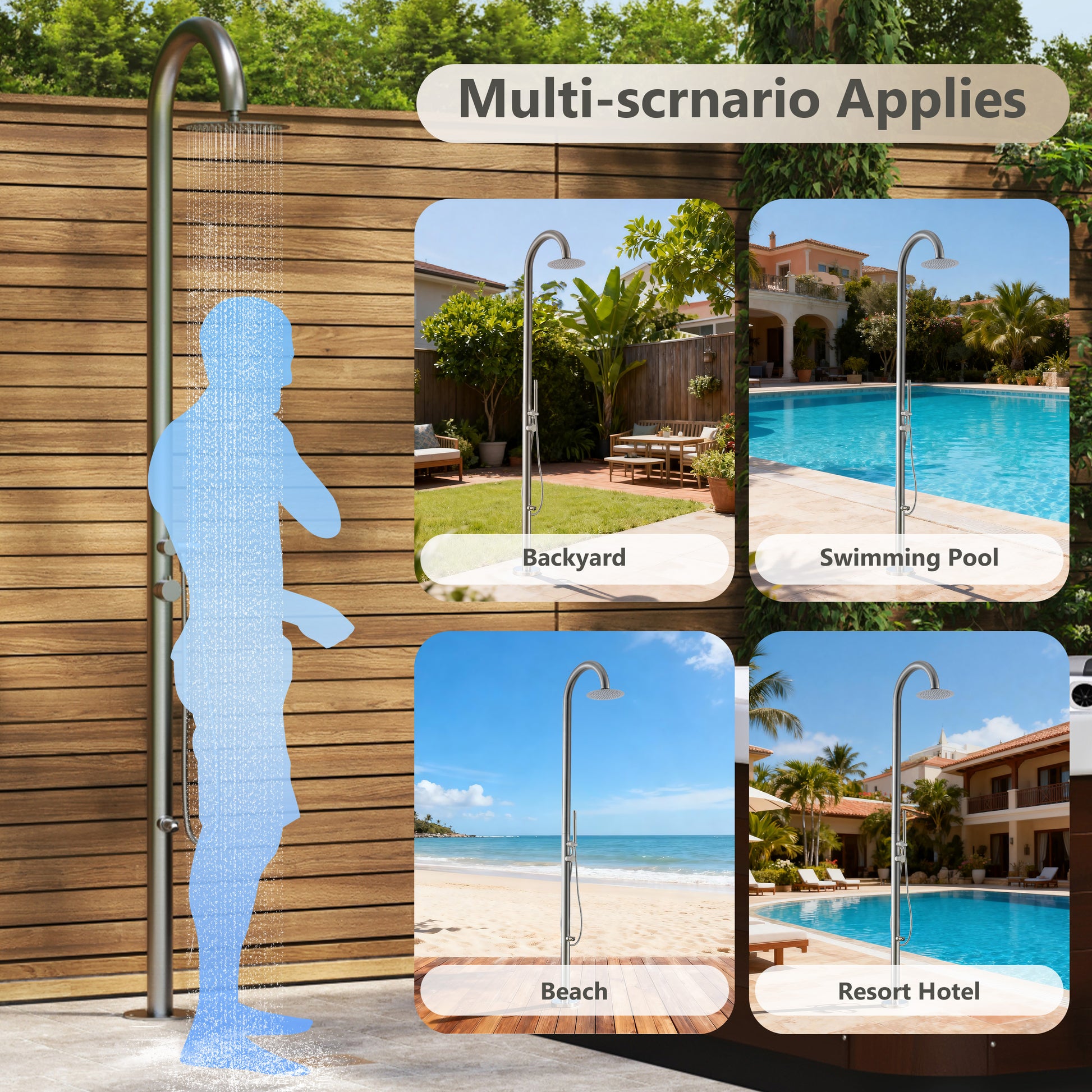 10” Modern Outdoor Shower System with Rainfall Shower, Handheld & Foot Wash