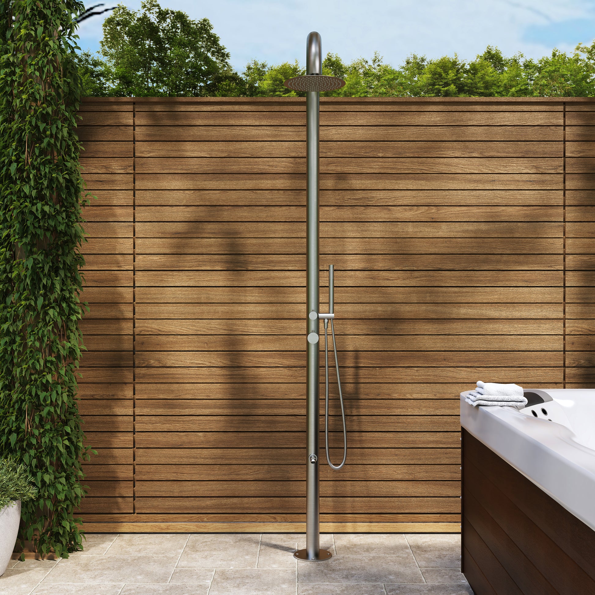 10” Modern Outdoor Shower System with Rainfall Shower, Handheld & Foot Wash