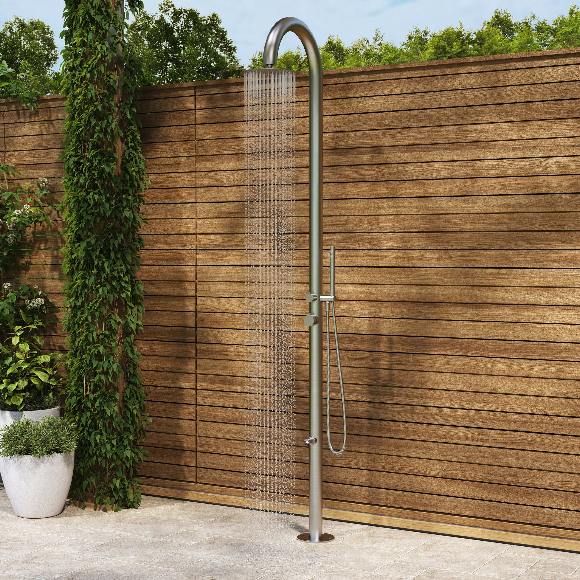10” Modern Outdoor Shower System with Rainfall Shower, Handheld & Foot Wash