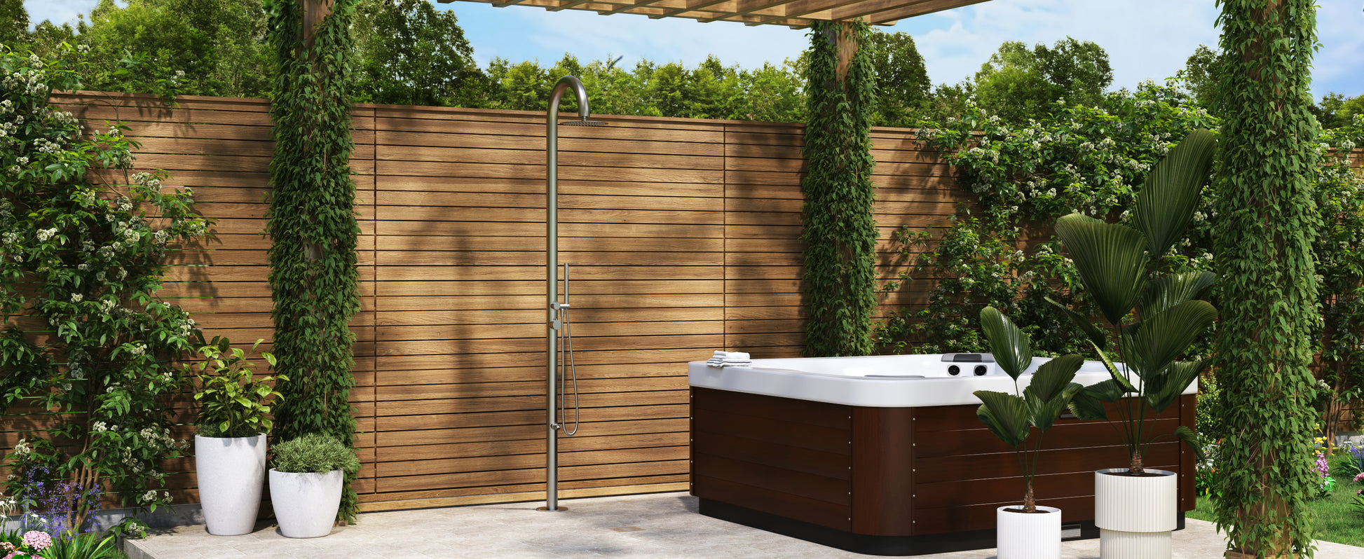 10” Modern Outdoor Shower System with Rainfall Shower, Handheld & Foot Wash