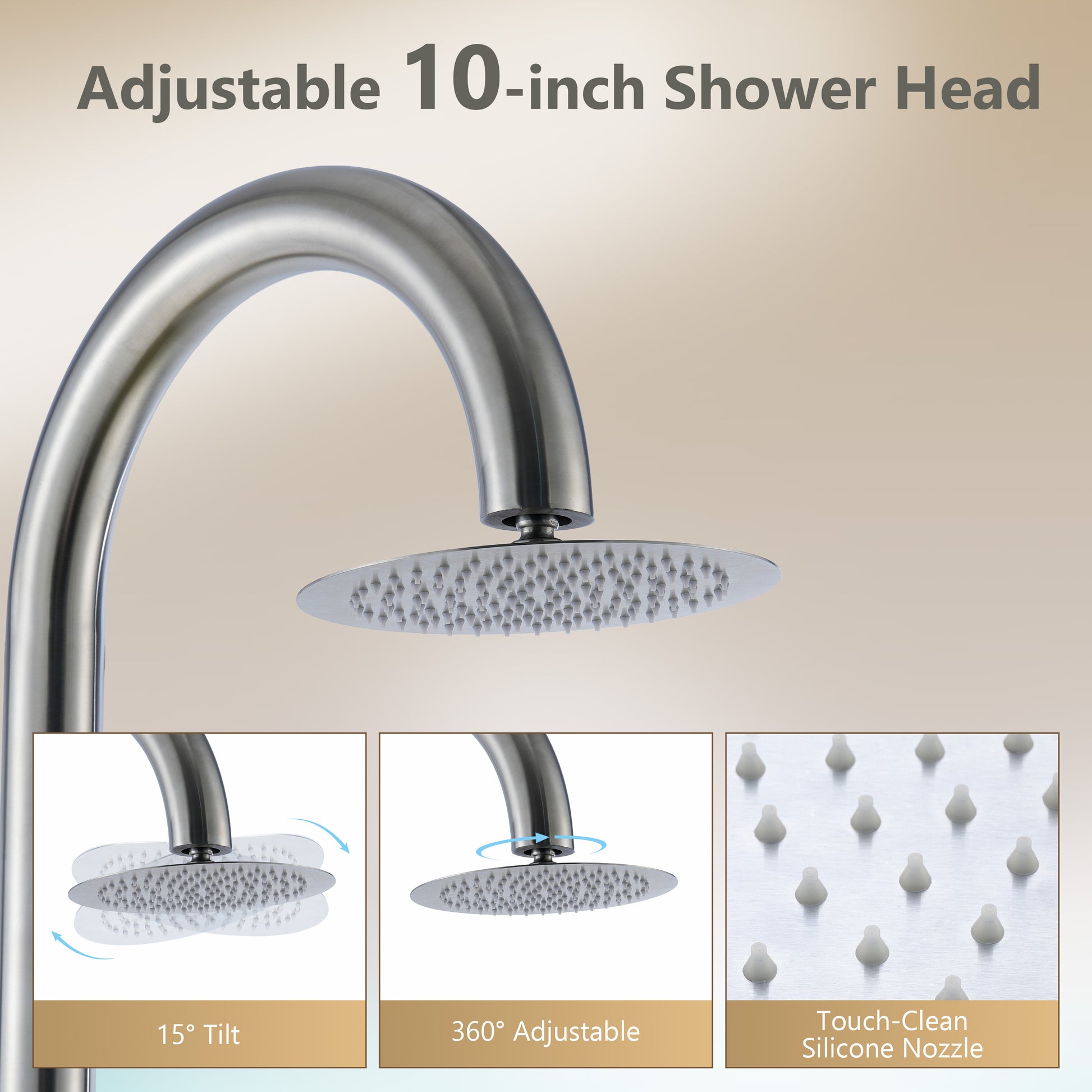 10” Modern Outdoor Shower System with Rainfall Shower, Handheld & Foot Wash