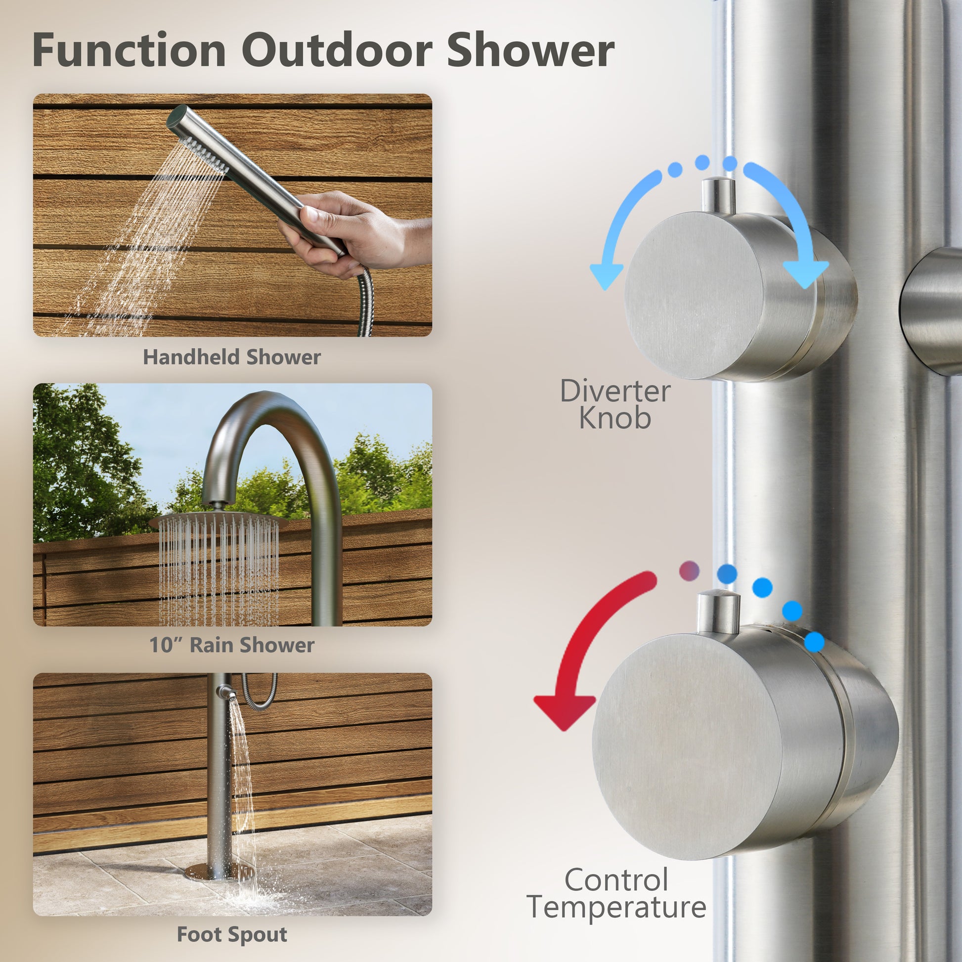 10” Modern Outdoor Shower System with Rainfall Shower, Handheld & Foot Wash