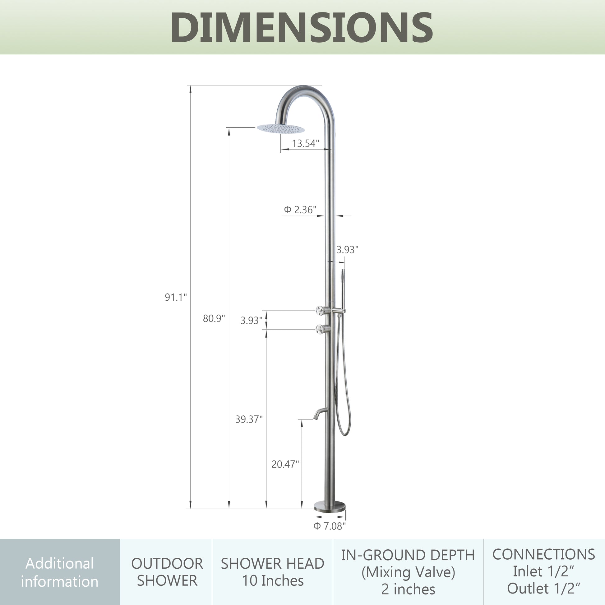 10” Outdoor Shower System with Rainfall Shower, Handheld & Foot Wash