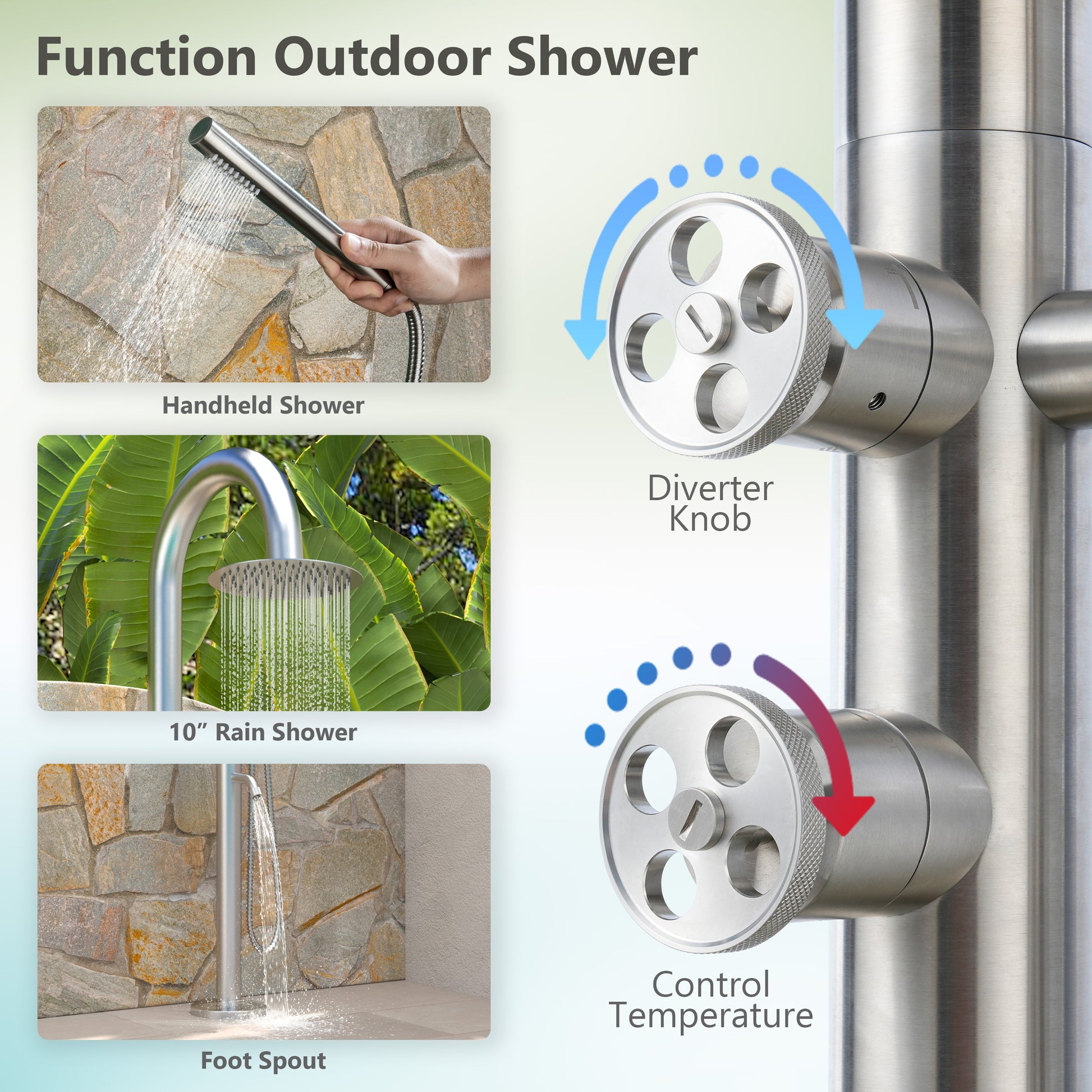 10” Outdoor Shower System with Rainfall Shower, Handheld & Foot Wash