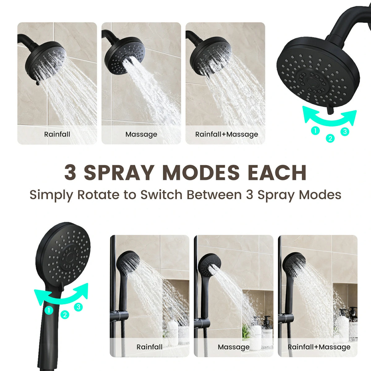 10" + 4"  Matte Black 3-Function Thermostatic Shower System with Coaxial Valve