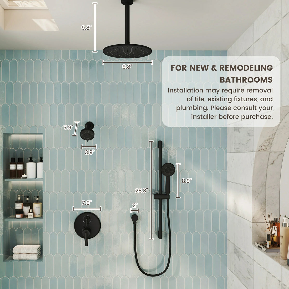 10" + 4"  Matte Black 3-Function Thermostatic Shower System with Coaxial Valve