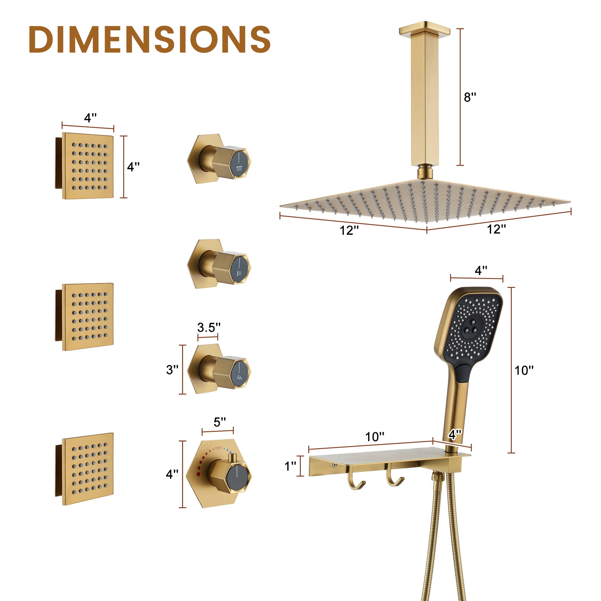 Ceiling Mount 3 Function Thermostatic Shower System with Rainfall Massage Jets