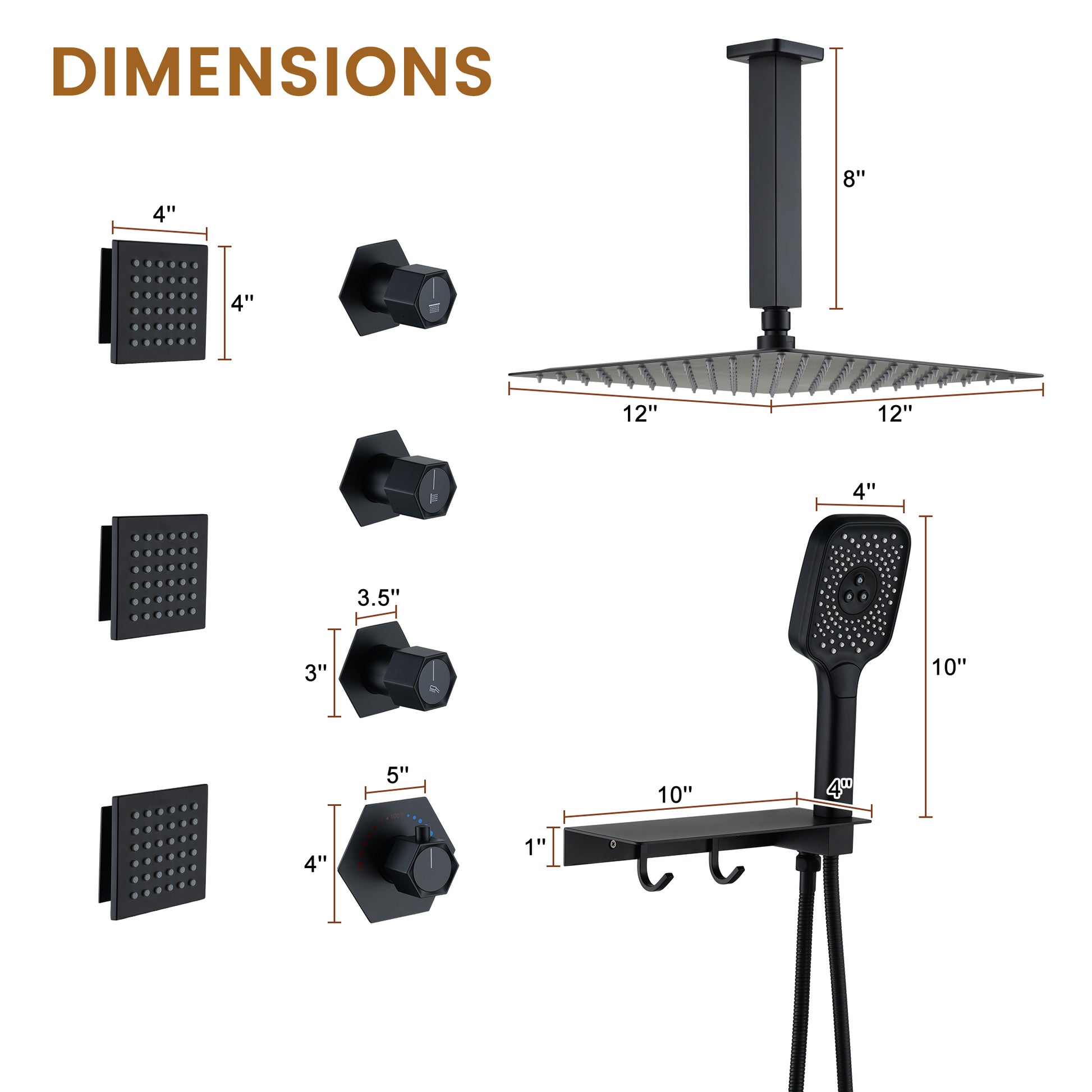 Ceiling Mount 3 Function Thermostatic Shower System with Rainfall Massage Jets