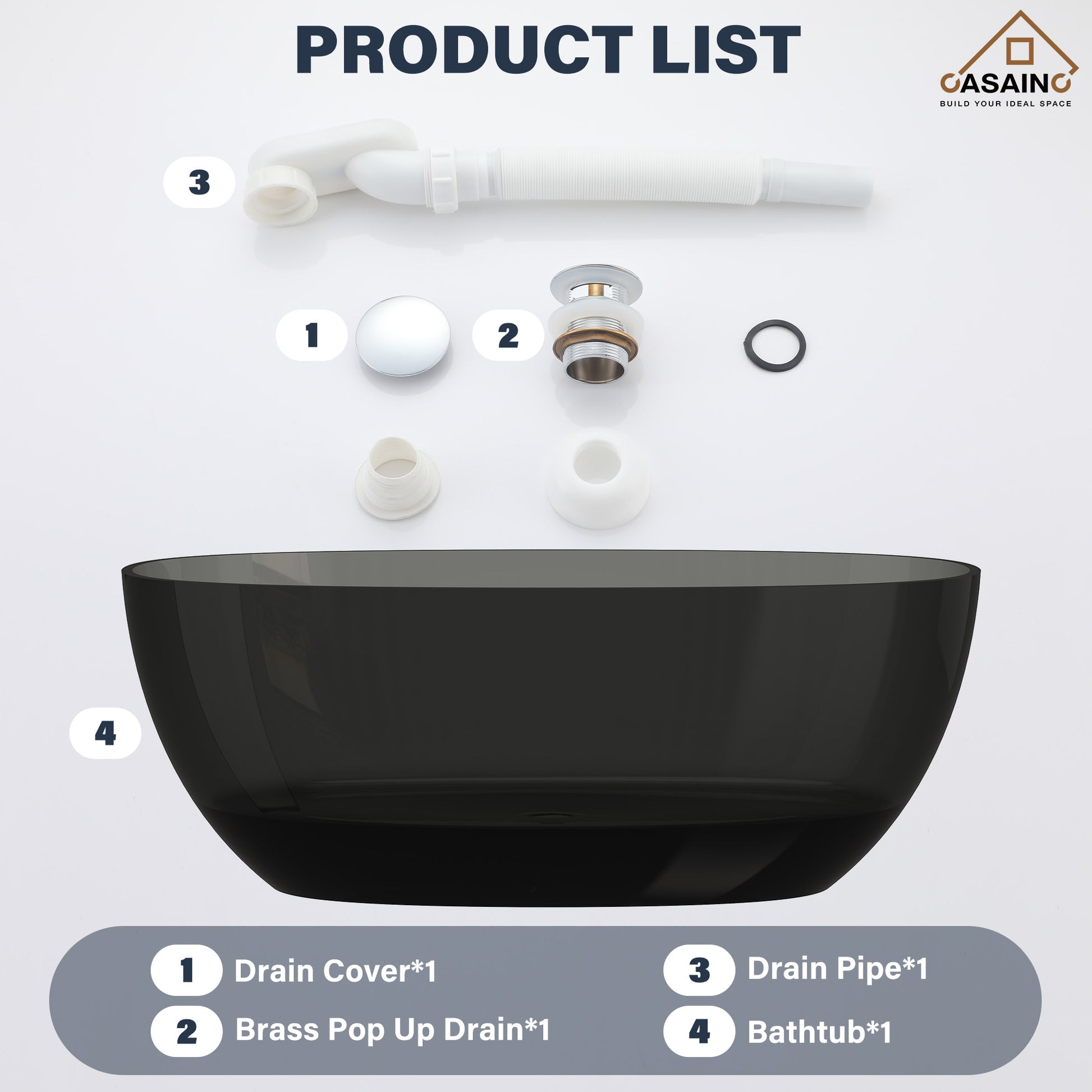 59"/67" Pure Resin Freestanding Transparent Bathtub with Center Drain