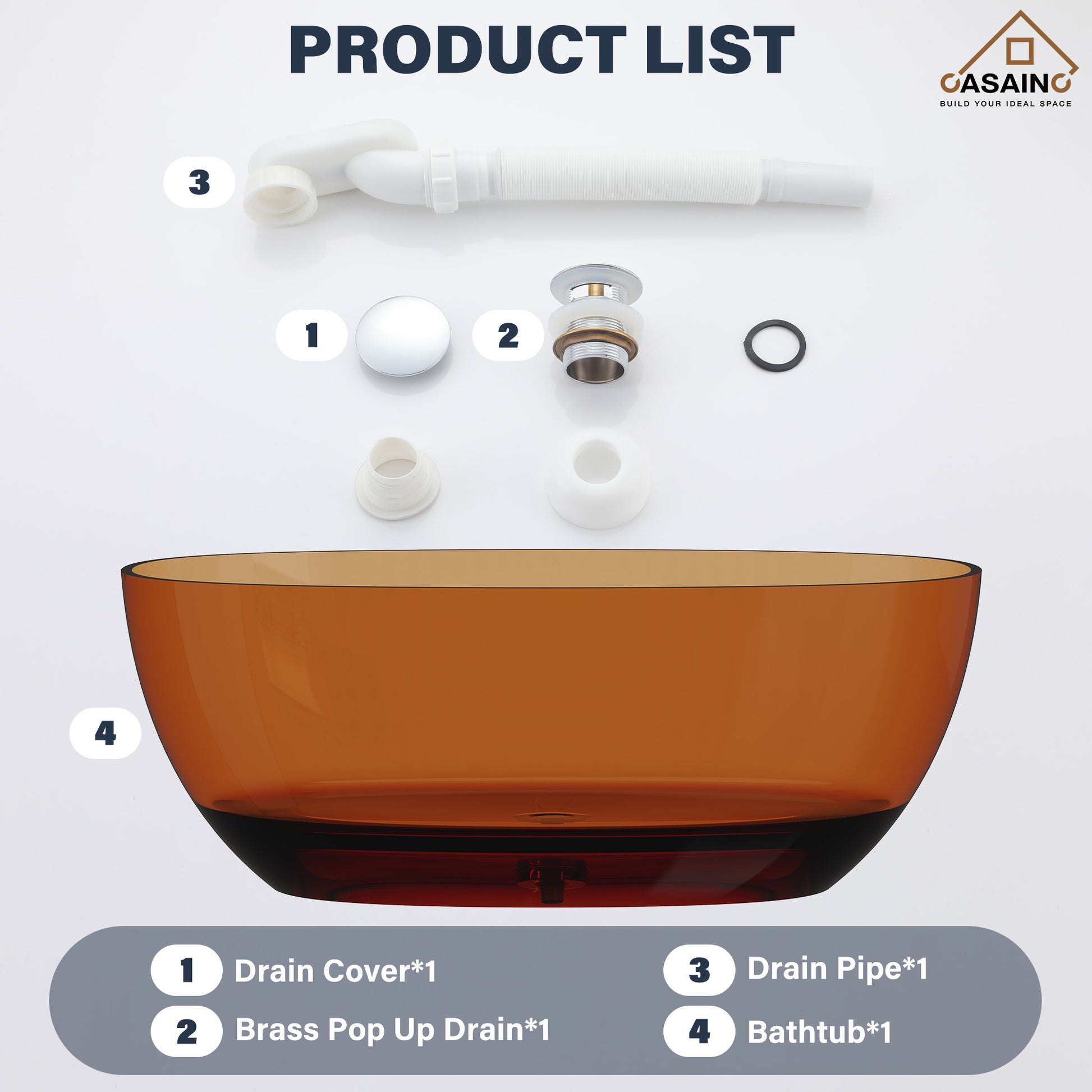 59"/67" Pure Resin Freestanding Transparent Bathtub with Center Drain