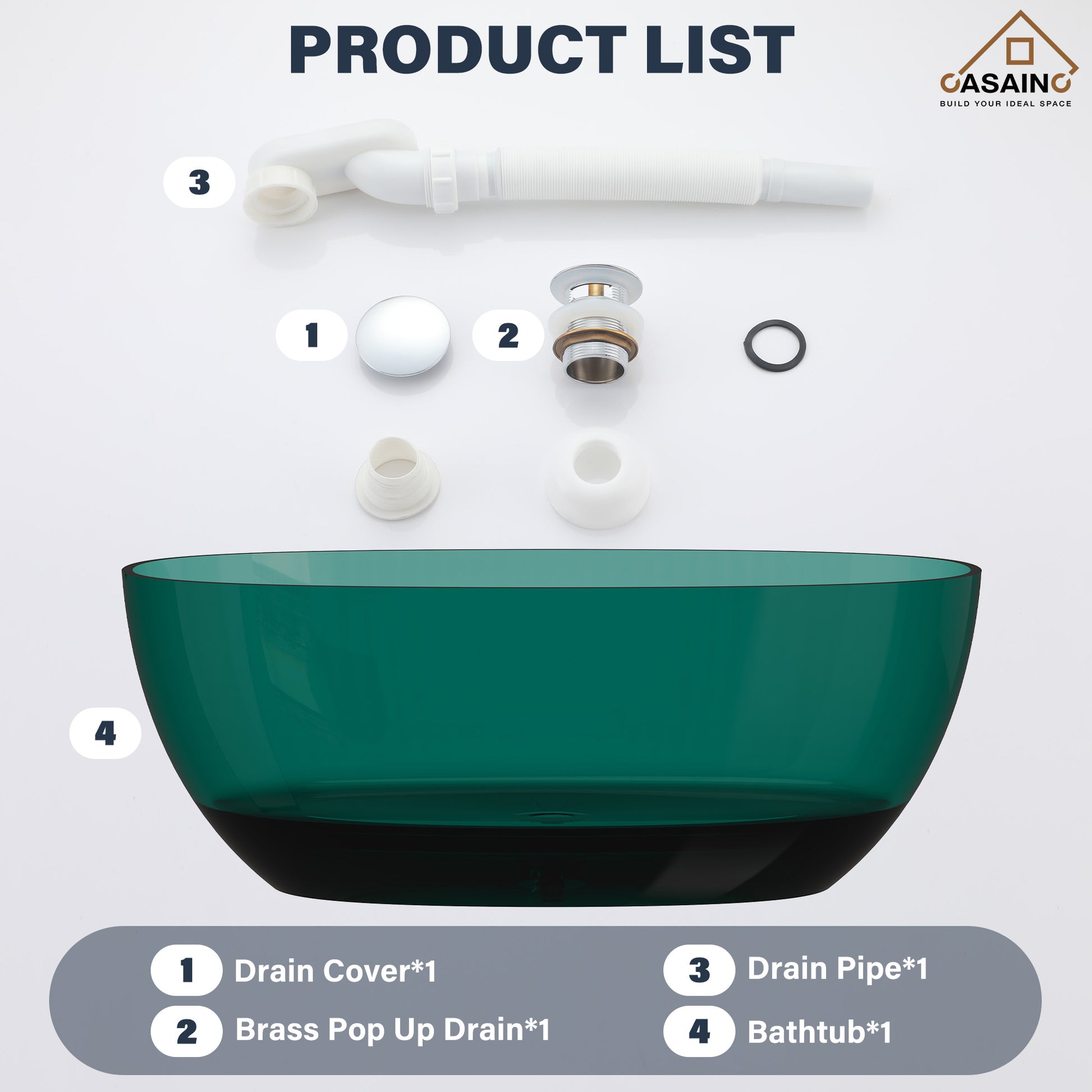 59"/67" Pure Resin Freestanding Transparent Bathtub with Center Drain