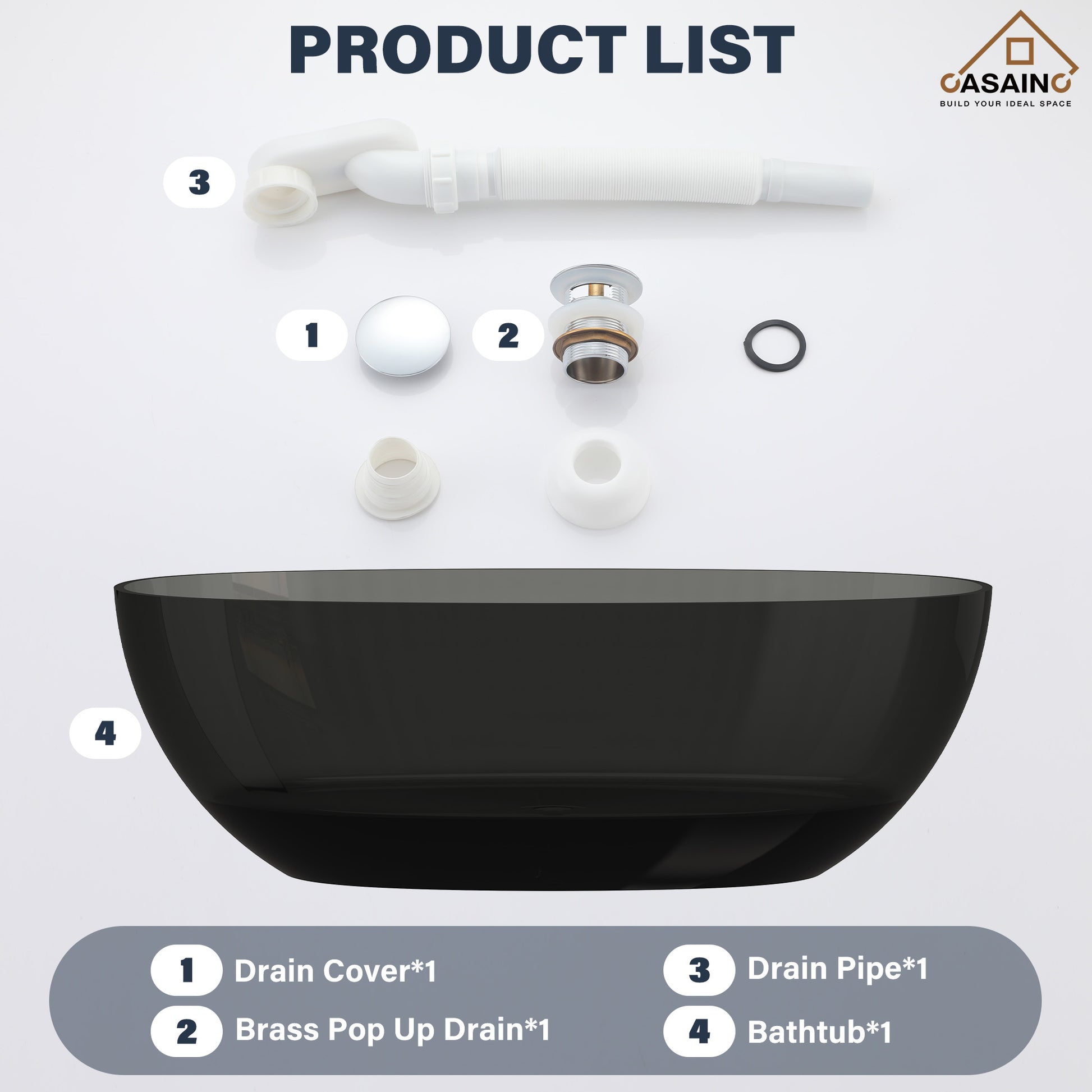 59"/67" Pure Resin Freestanding Transparent Bathtub with Center Drain