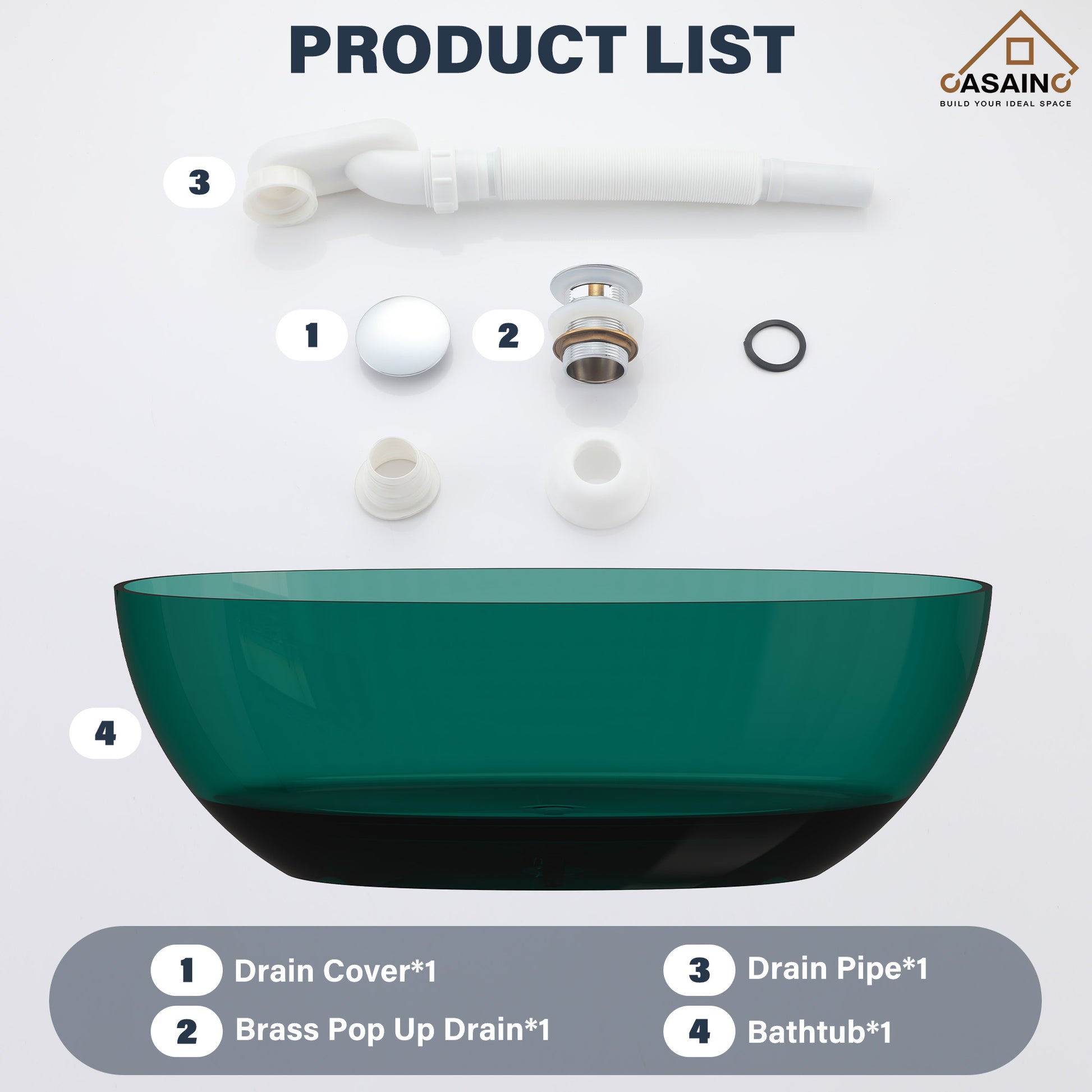 59"/67" Pure Resin Freestanding Transparent Bathtub with Center Drain