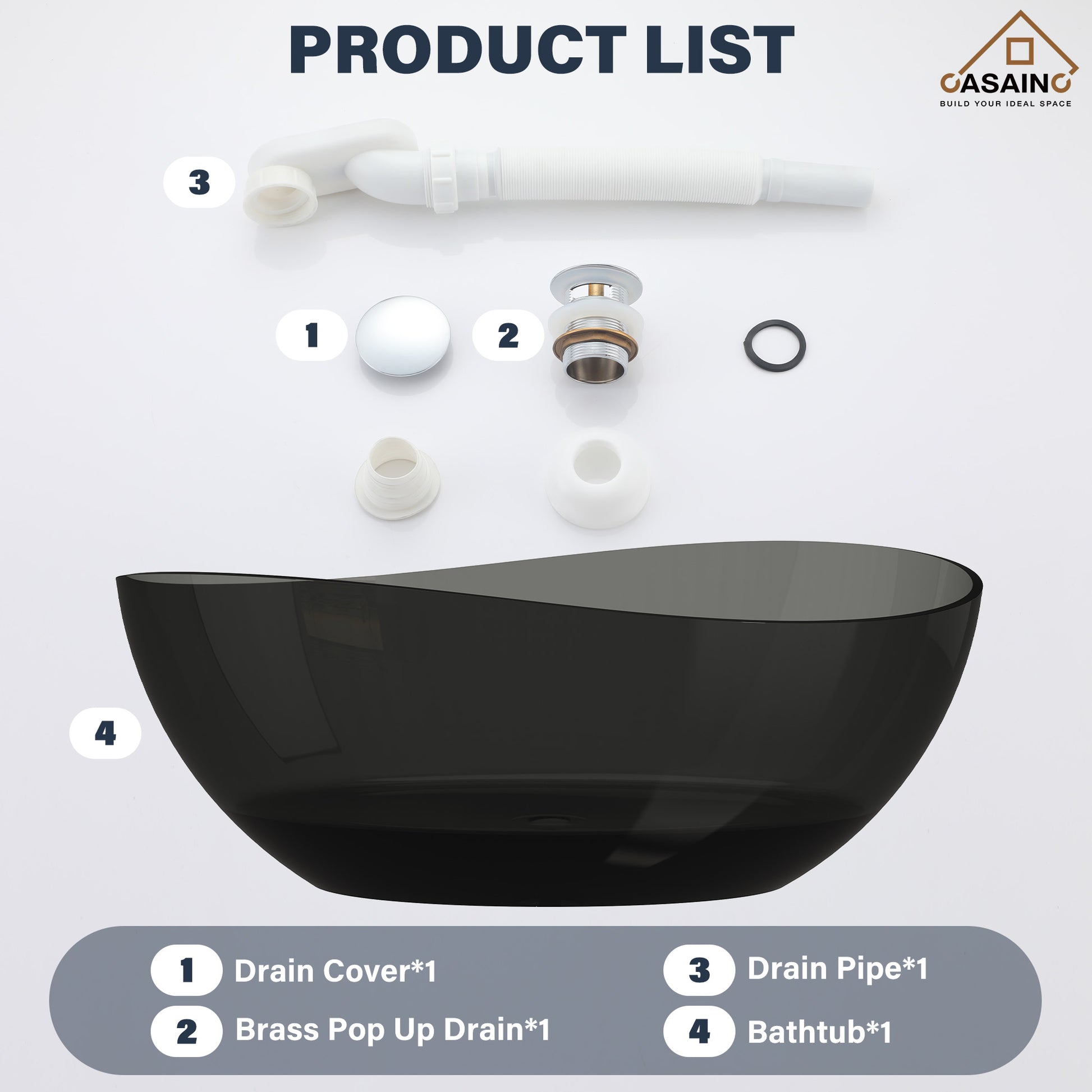 63" Unique Shaped Transparent Resin Freestanding Bathtub with Central Drain