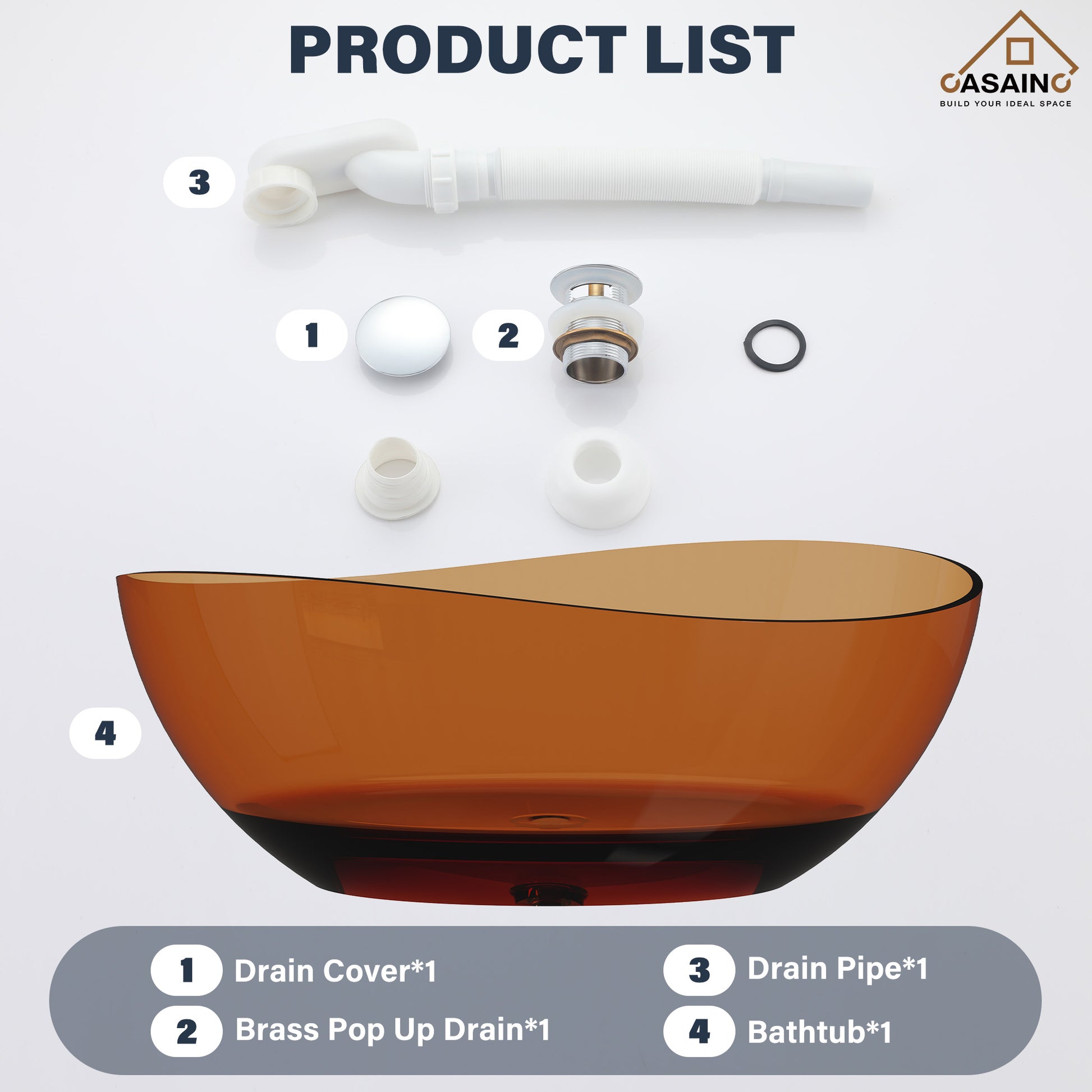 63" Unique Shaped Transparent Resin Freestanding Bathtub with Central Drain