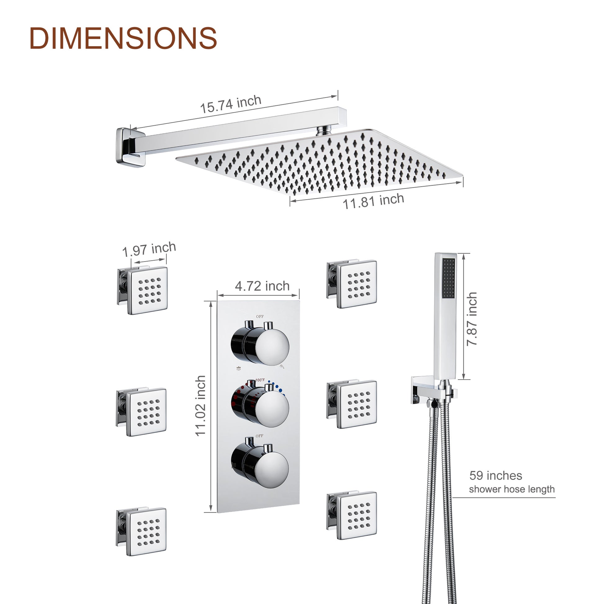 12" Thermostatic Rainfall Shower System with Handheld & Body Jets
