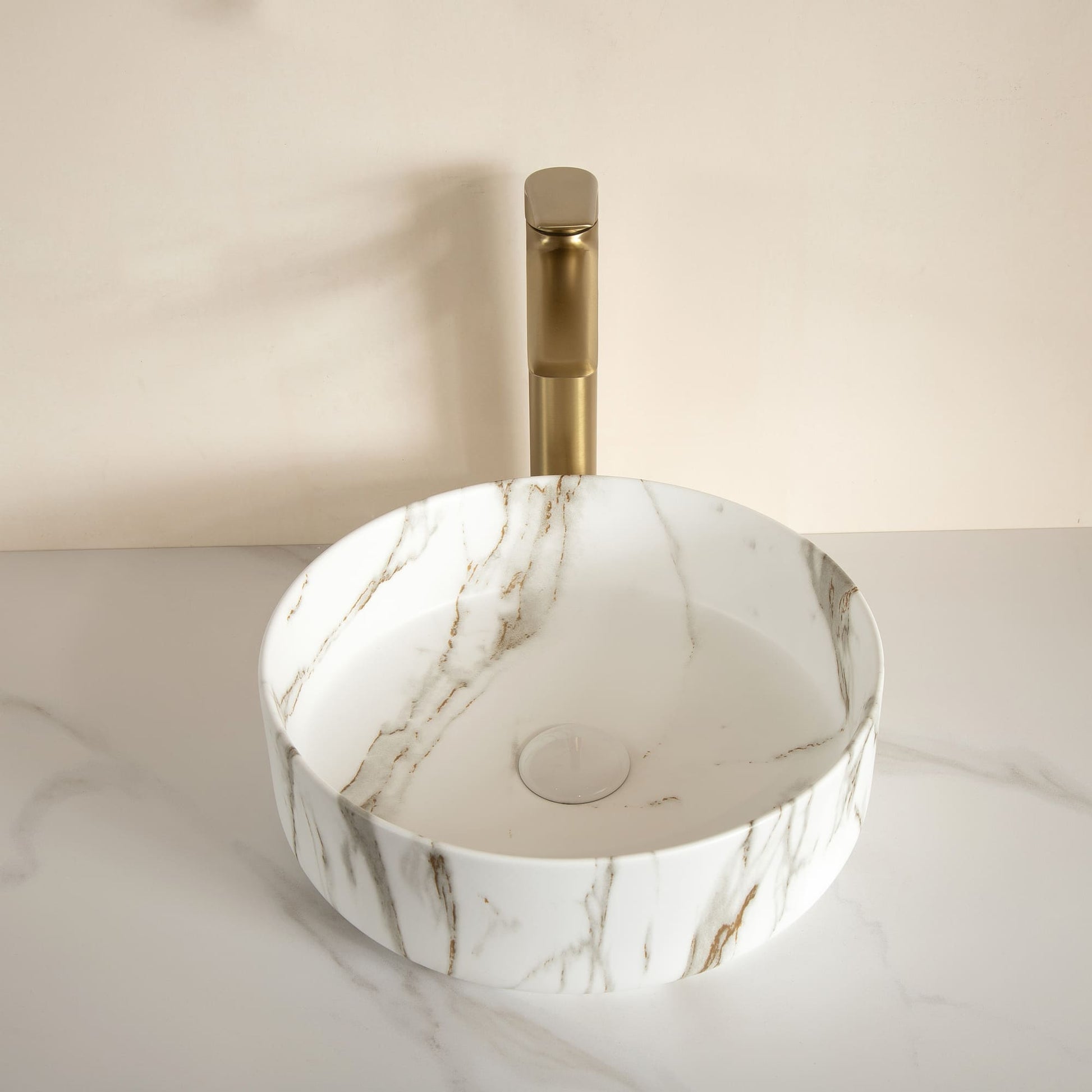 14 in. Round Ceramic Vessel Bathroom Sink in Glossy White / Stone Pattern Matte White
