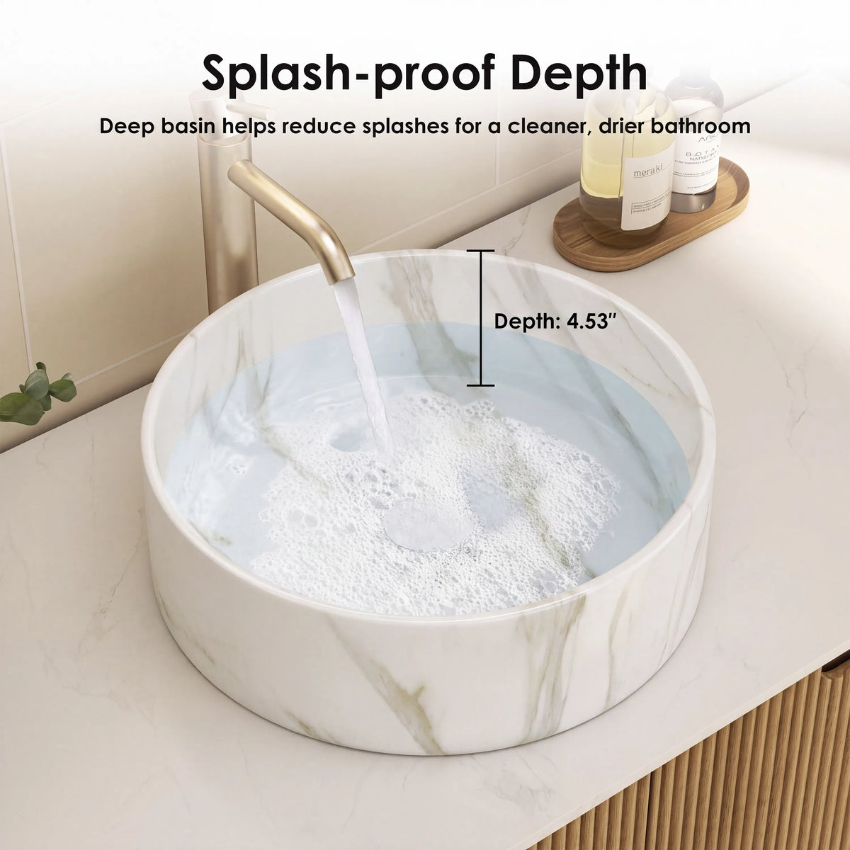 14 in. Round Ceramic Vessel Bathroom Sink in Glossy White / Stone Pattern Matte White