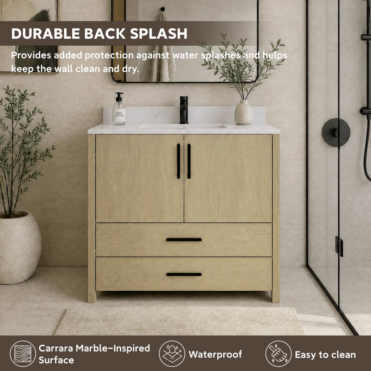 24"/36" Single Sink Bathroom Vanity with Light Natural Wood & Marble Top