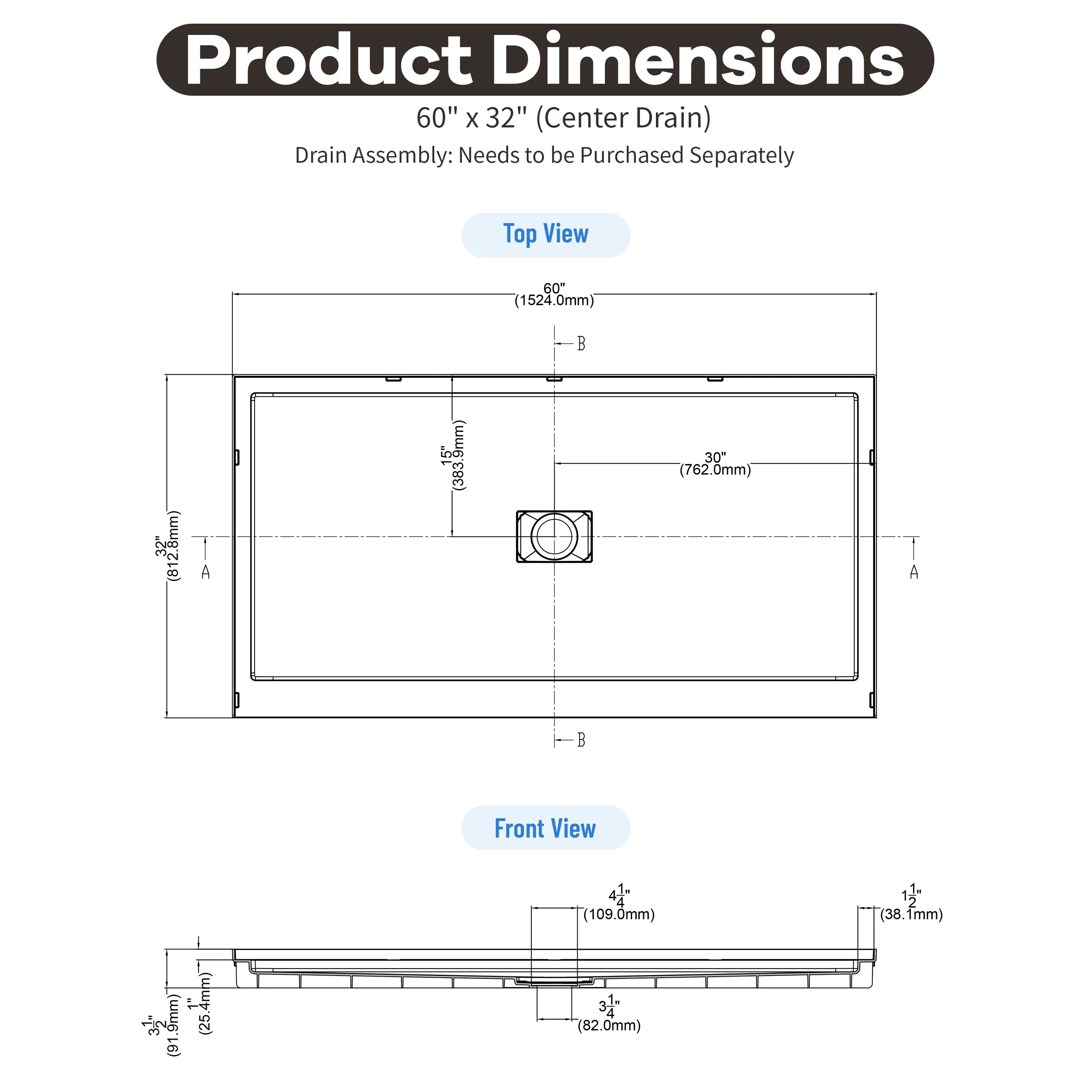36"-60"x30"-36" White SMC Shower Base with Flamed Rock Slip-Resistant Surface, Center Drain
