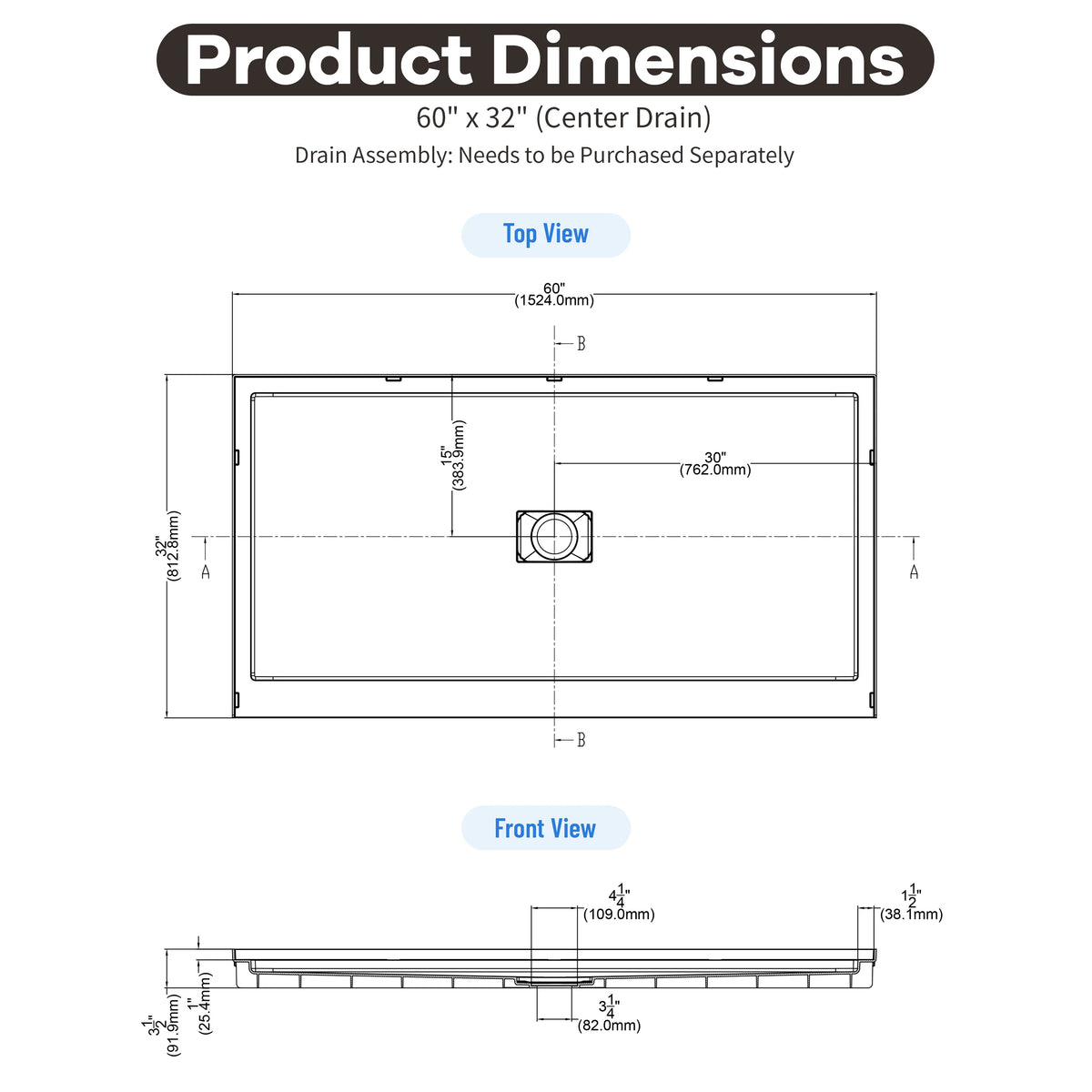 36"-60"x30"-36" White SMC Shower Base with Flamed Rock Slip-Resistant Surface, Center Drain