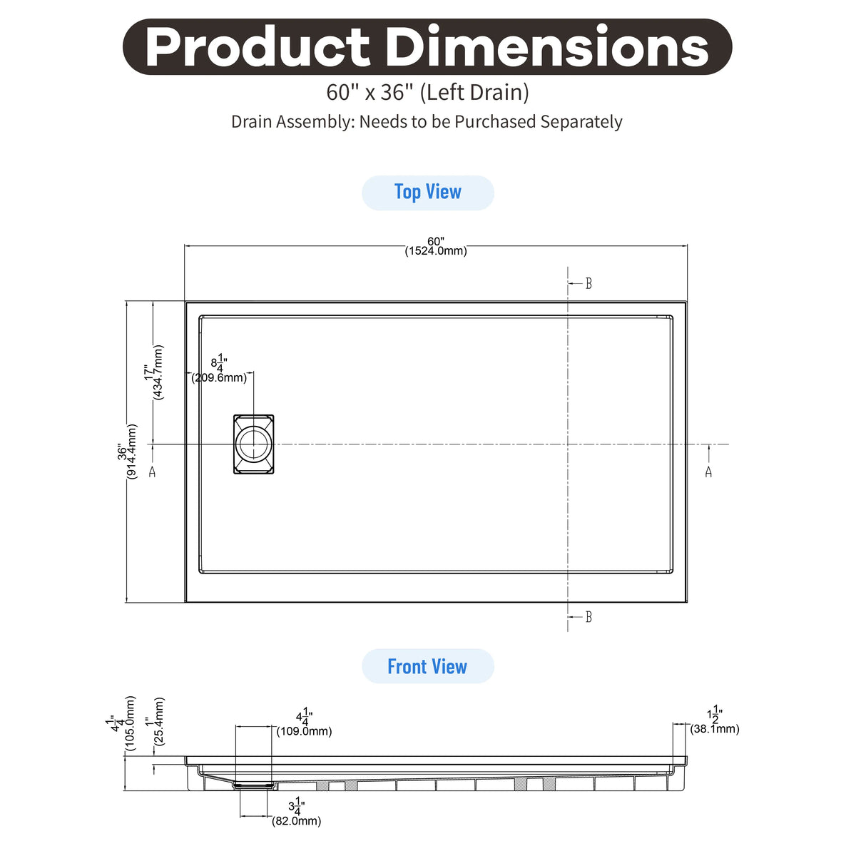 48"/60"x30"-36" White SMC Shower Base with Flamed Rock Slip-Resistant Surface, Left/Right Drain