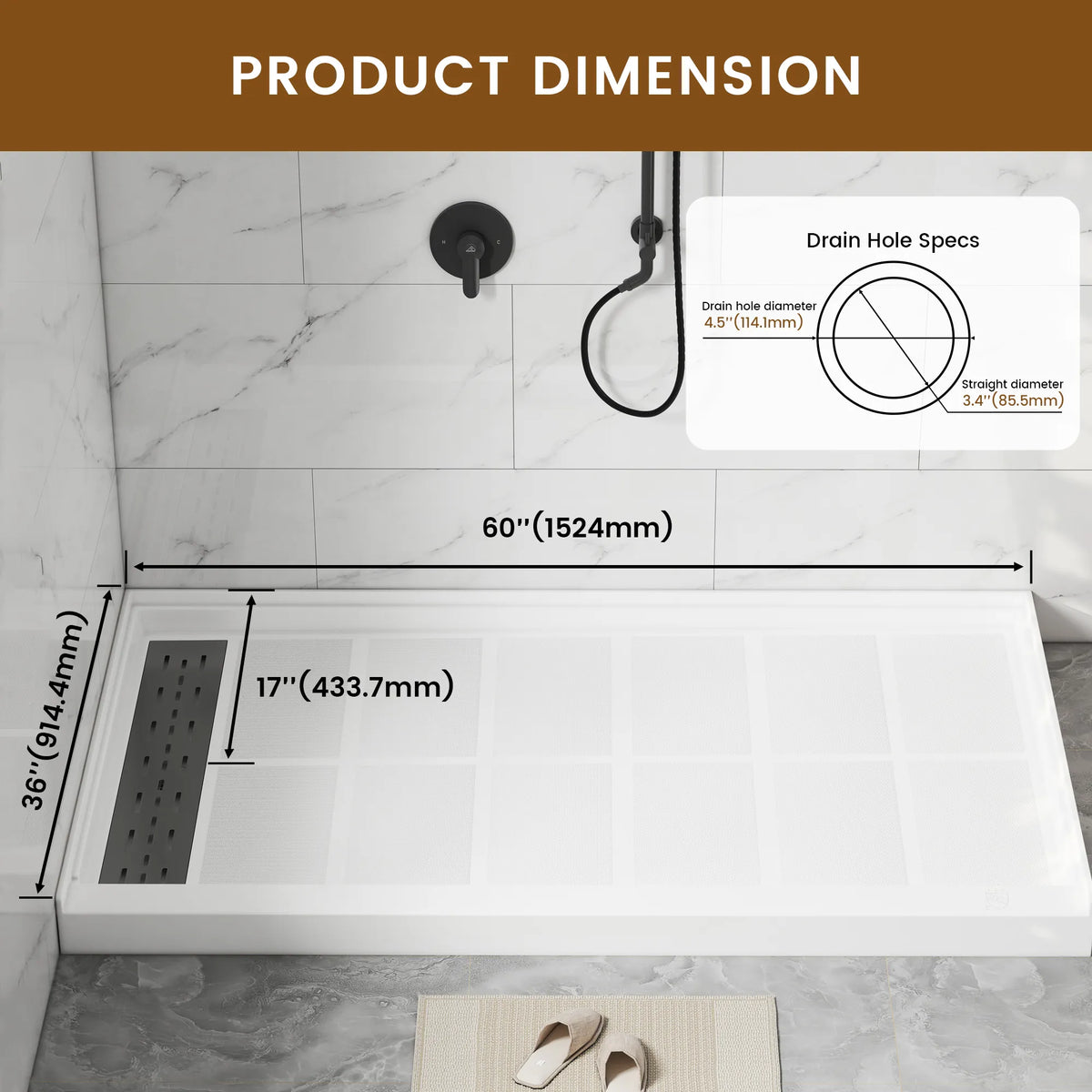 48"/60" x 30"/32"/36" White SMC Rectangular Shower Base with Non-Slip Texture, Left/Right Drain