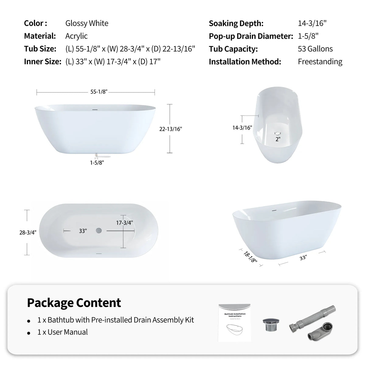 55"/59"/63" Glossy White Acrylic Freestanding Oval Soaking Bathtub with Center Pop-Up Drain and Integrated Overflow