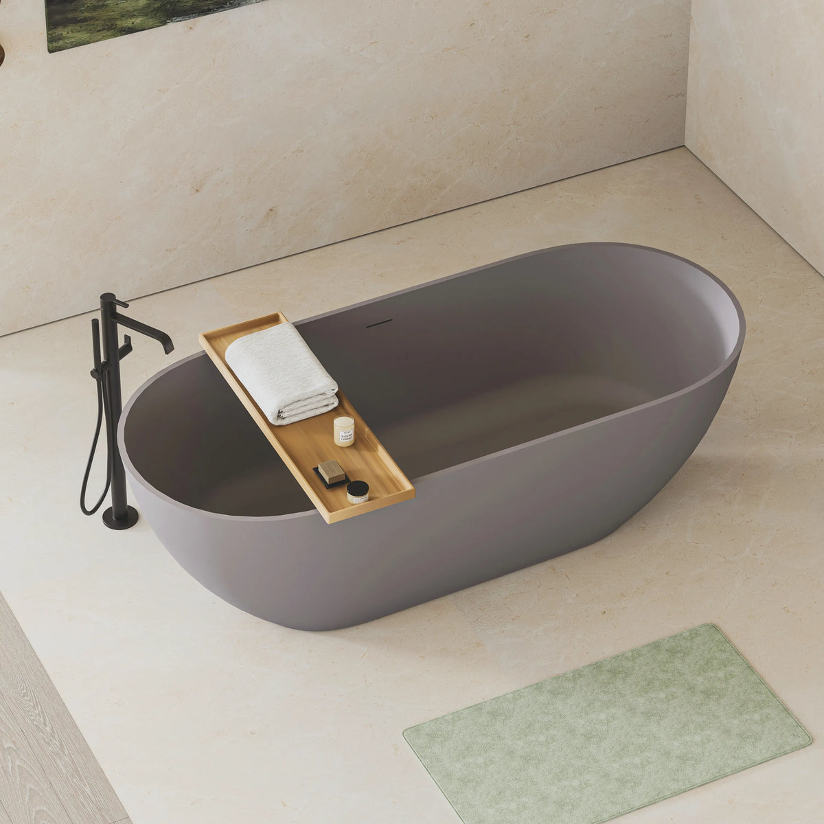 59" Matte Gray Solid Surface Freestanding Soaking Bathtub with Overflow & Pop-Up Drain