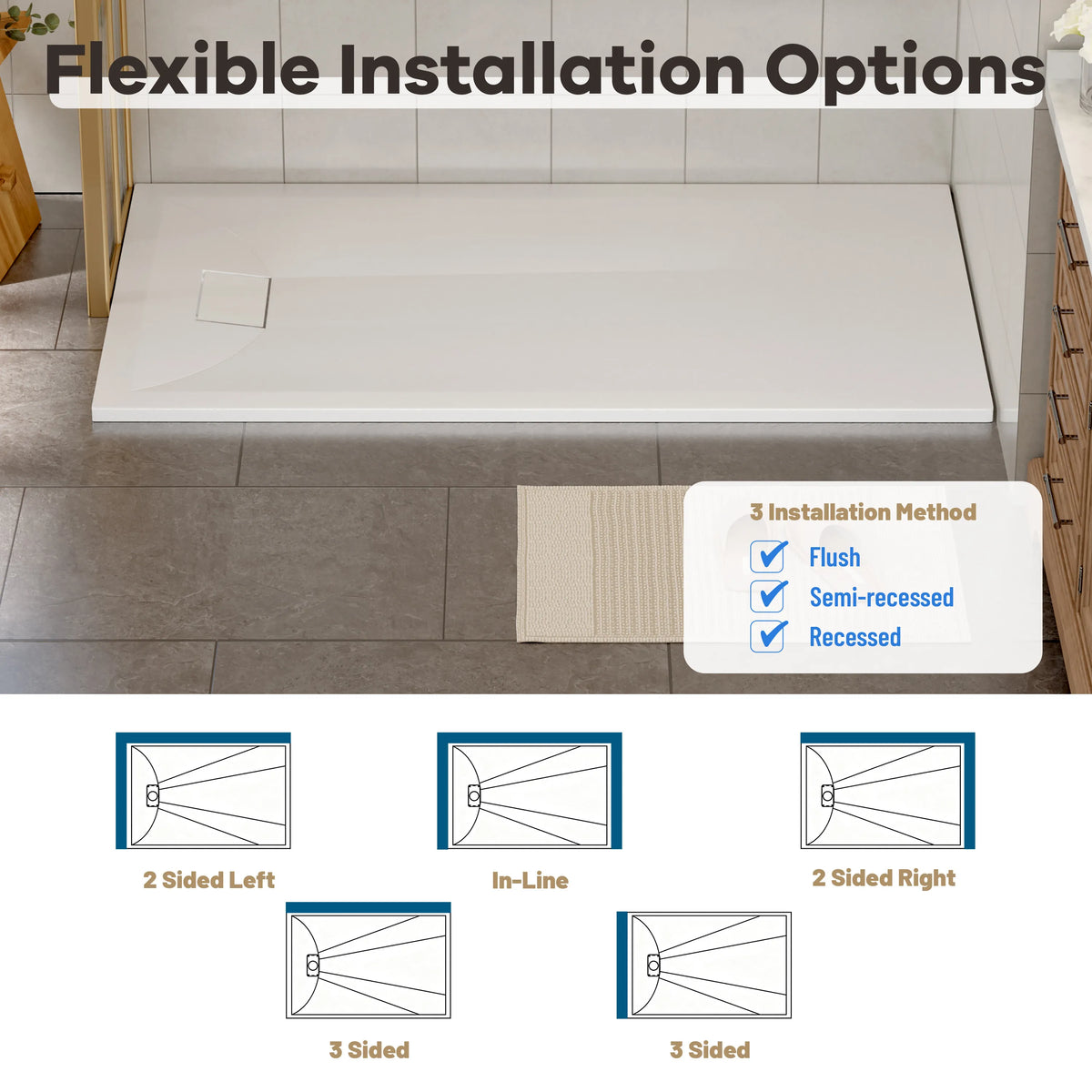 60"x32"/36" Curbless SMC Shower Base with Flamed Rock Slip-Resistant Surface, Reversible Drain
