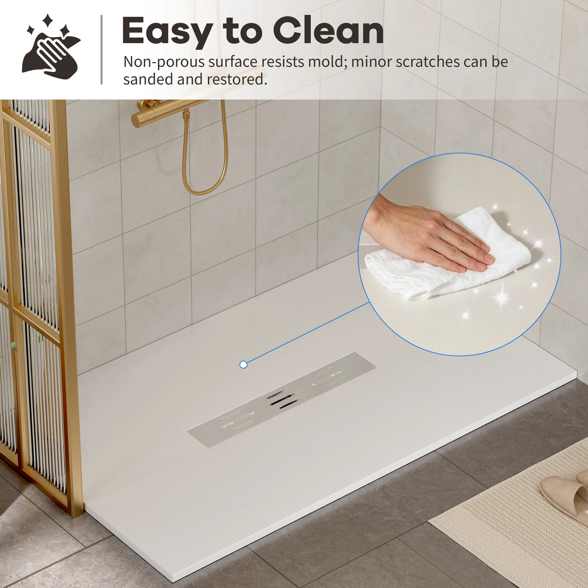 60"x36" White/Calacatta Curbless SMC Shower Base with Flamed Rock Slip-Resistant Surface, Center Drain