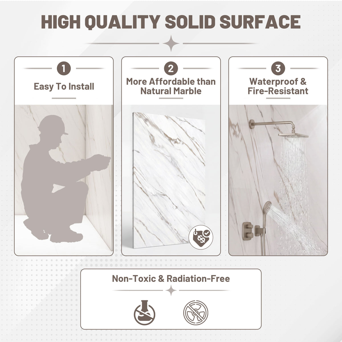 60"x36"x75"/96" Calacatta Gold Marble Solid Surface 4-Piece Shower Wall Panels for Luxury Shower Spaces