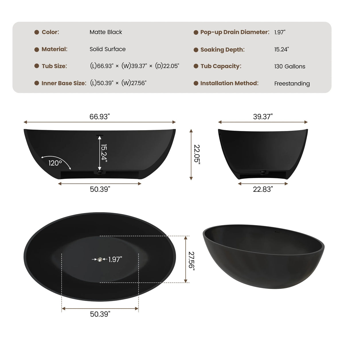 67" Matte Black Oval Solid Surface Freestanding Bathtub with Overflow and Central Drain