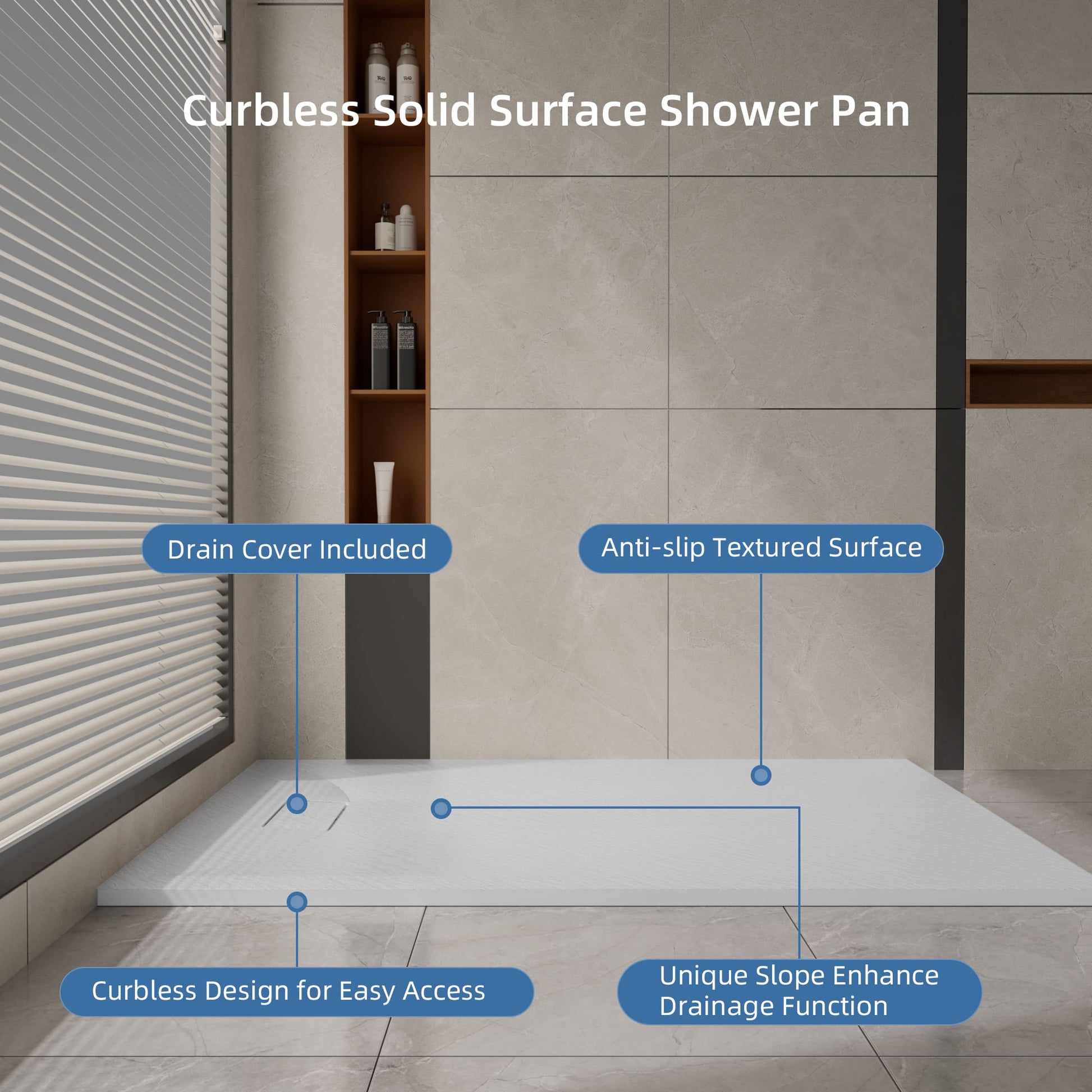 Curbless SMC Shower Base with Flamed Rock Slip-Resistant Surface, Reversible Drain