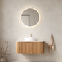 Floating Bathroom Vanity with Curved Edges, Fluted Drawer Fronts, Carrara Sintered Stone Top and Round Ceramic Vessel Sink, Natural Woodgrain / Dark Walnut