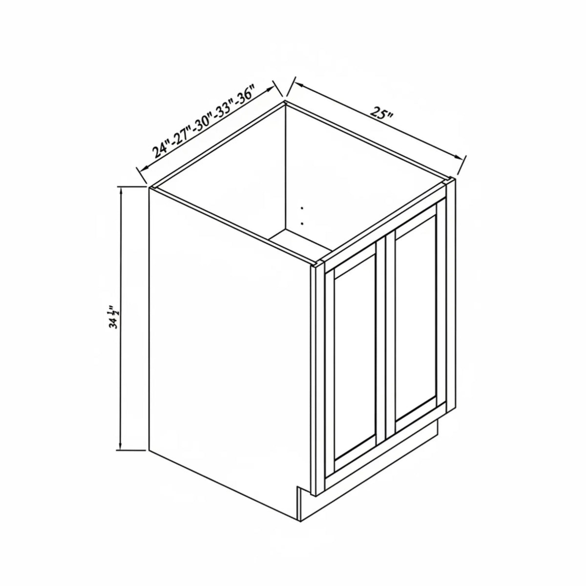 Inset Origami White RTA 24-36"W x 34.5"H x 25"D 5-Size Full Height Double Doors Base Cabinet