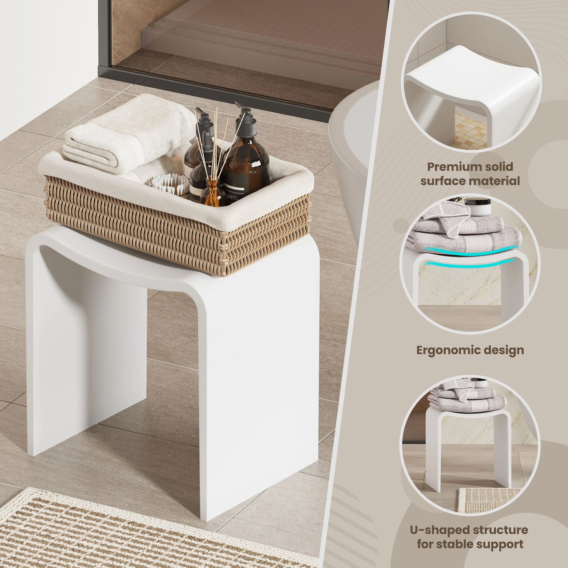 Solid Surface U-Shaped Shower Stool in Matte White / Matte Black