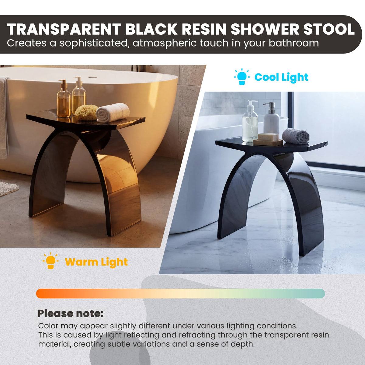 Translucent Resin Arched Solid Surface Bathroom Shower Bench in Glossy Smoke Black/Amber