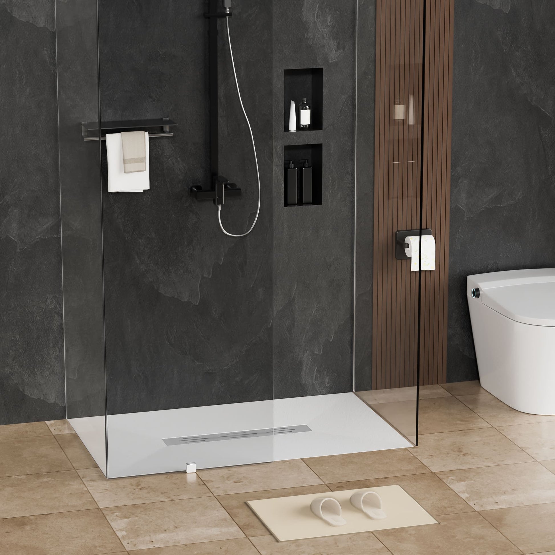 White/Calacatta Curbless SMC Shower Base with Flamed Rock Slip-Resistant Surface, Center Drain
