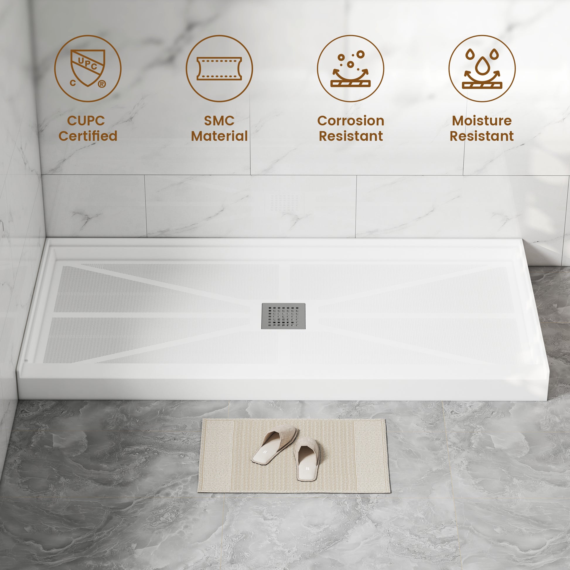 Rectangle SMC White Shower Pan Base with Center Drain