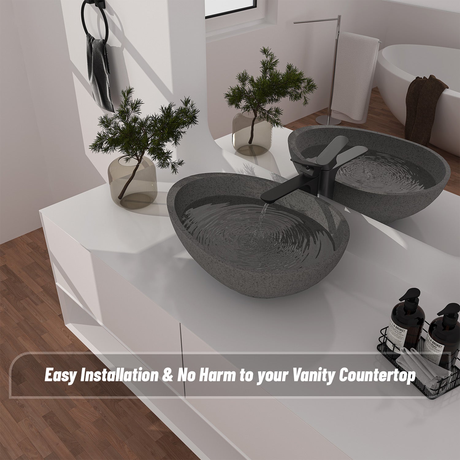 CASAINC 21in Bathroom Egg-shaped Concrete Vessel Sink With Drainer in Black Earth / Mottled Bluish Grey / Blue Ashes
